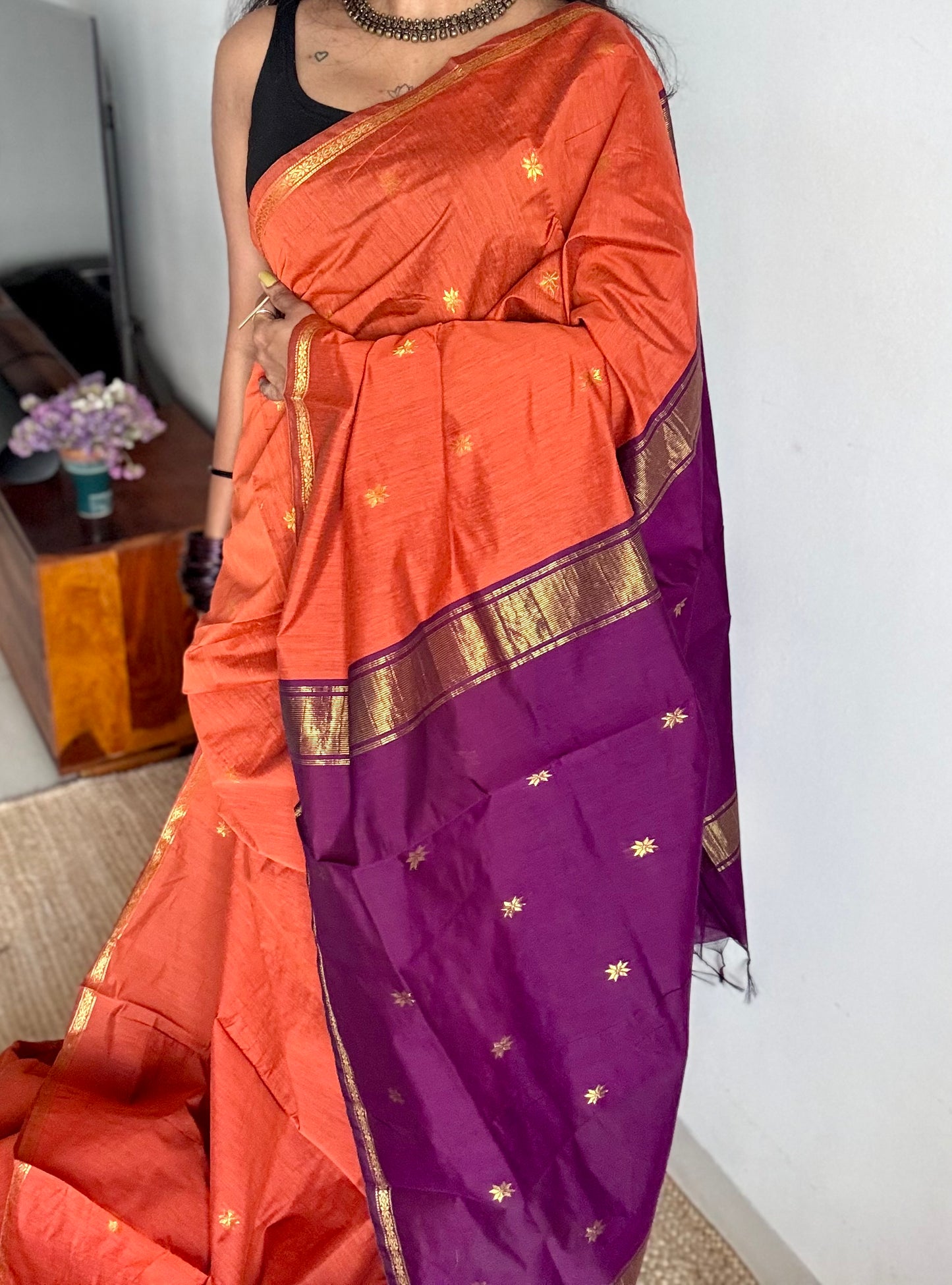 Dark orange with purple wine, gold buttas, semi maheshwari cotton silk - YCCOTNCSDE91