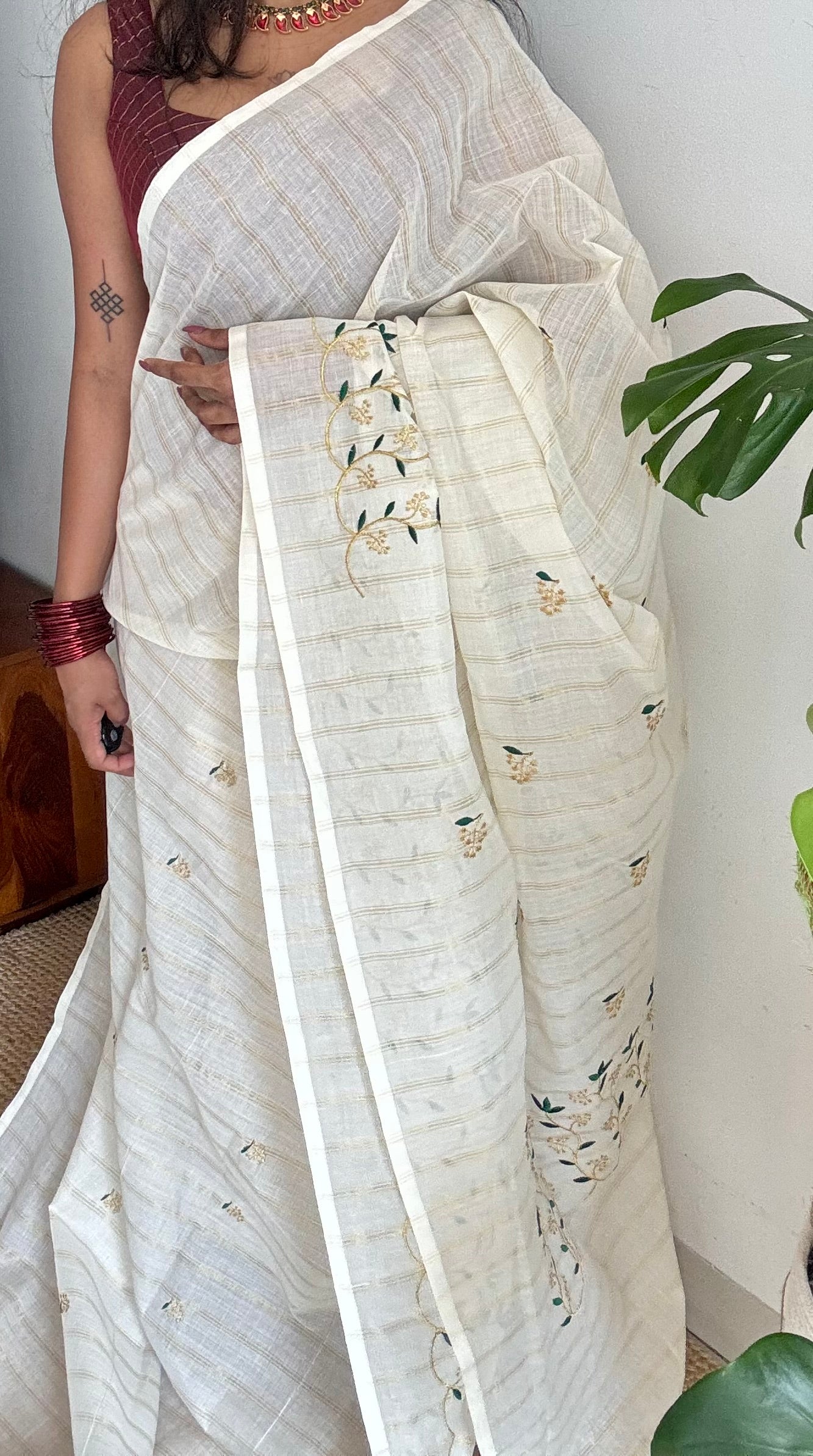 Ivory and gold soft cotton saree, dark green floral vine embroidery  - YCIEON57