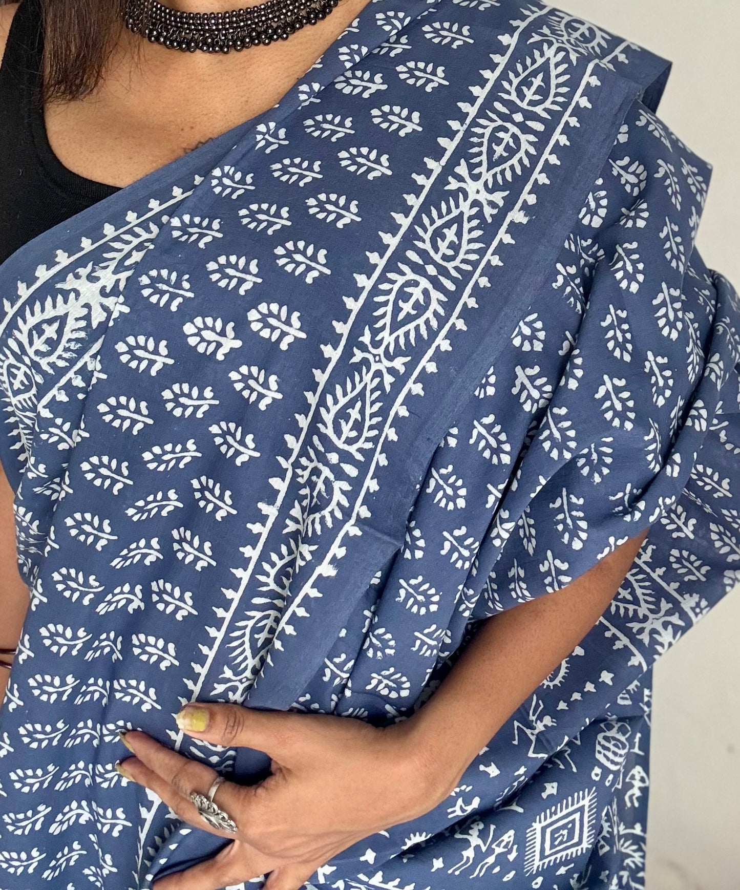 Greyish blue with off white floral block printed soft cotton saree - YCTORCMA21