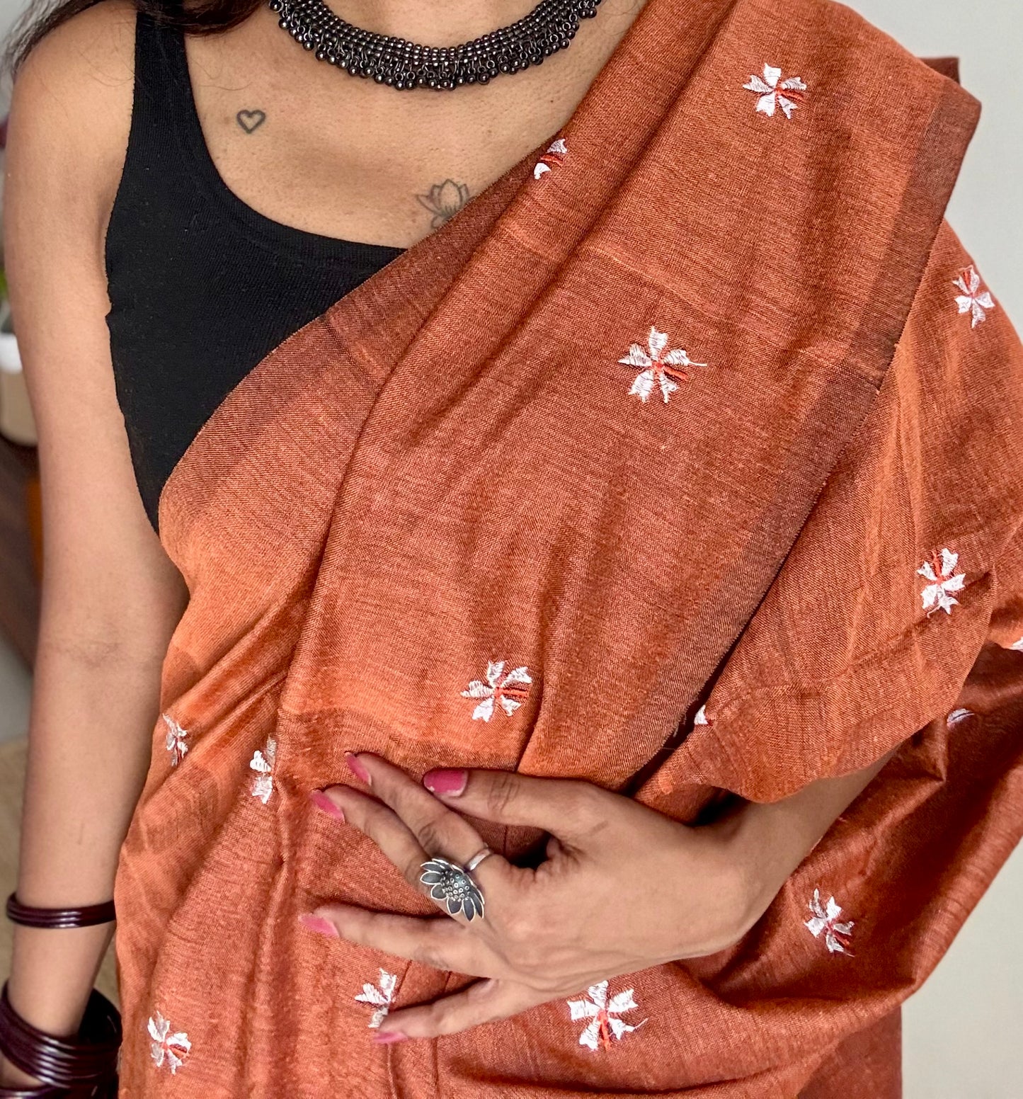 Rust orange parijat soft cotton saree  - YCBCKCAP38