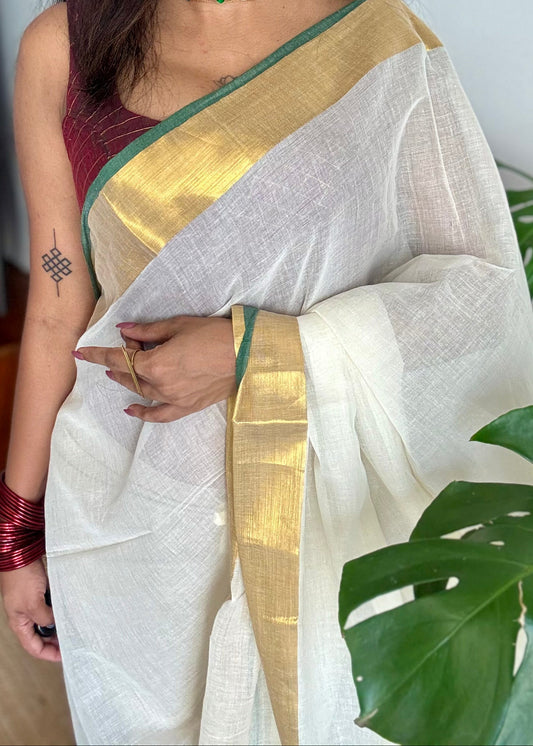 Ivory mul saree, green and gold border -YCIEON16