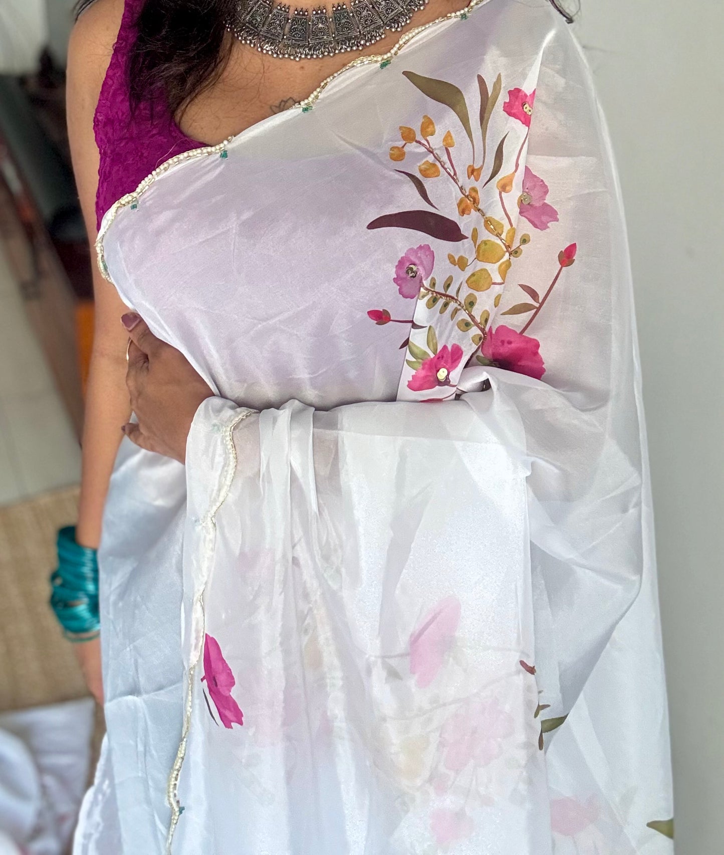 Snow Blossom - white floral handworked sequins work, tabby silk - YCDOSNO51