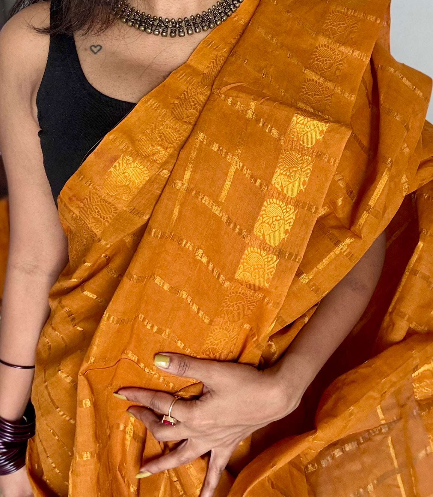 Turmeric yellow pavithra kattam kattuchayam dyed madurai cotton saree - YCCOTNMSFE141