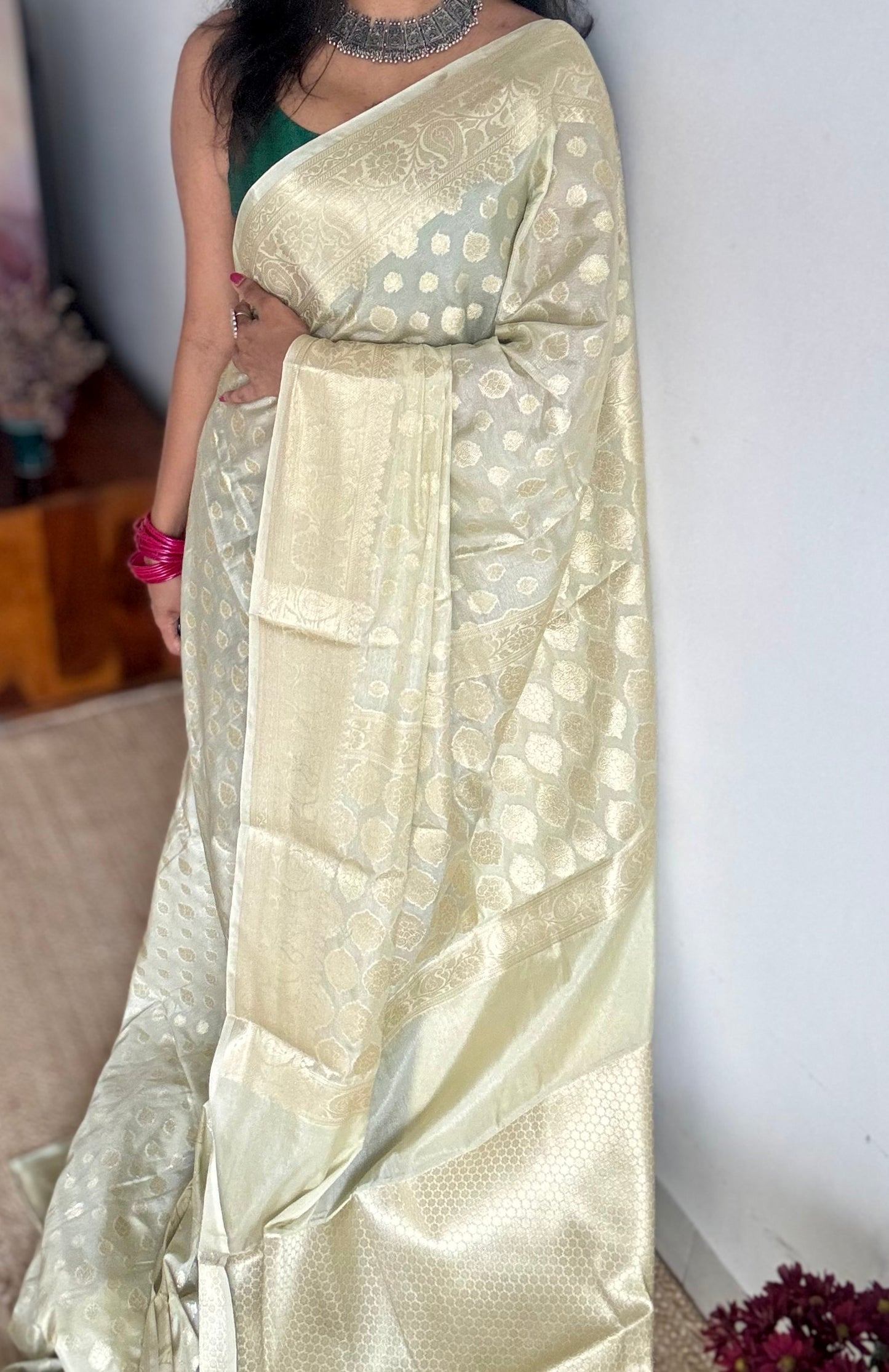Pastel cream, muted gold buttas and zari, Banarasi semi-silk - YCDESE33