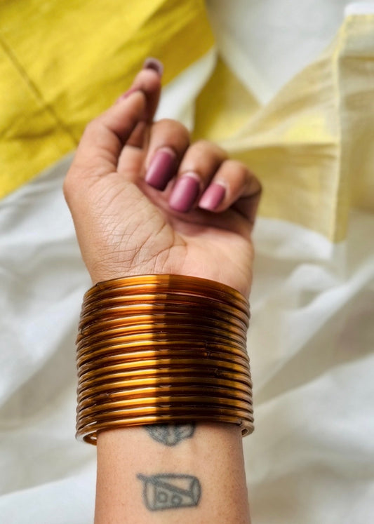 Light golden brown glossy glass bangles, set of 12 - YCBANGL835