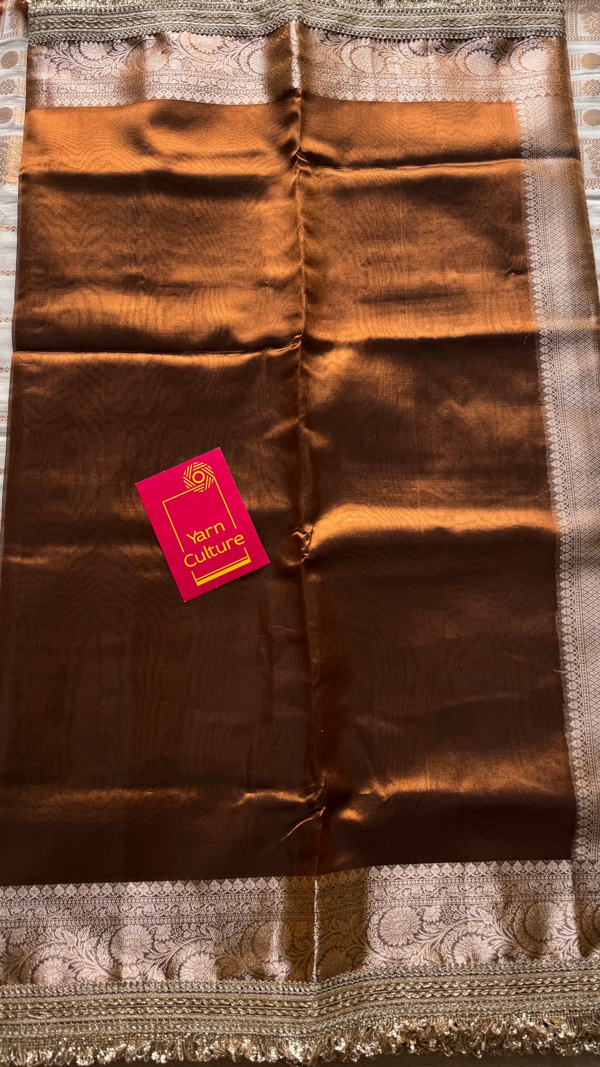 Brown tissue Banarasi saree with embellished gold lace border - YCBLTOC80