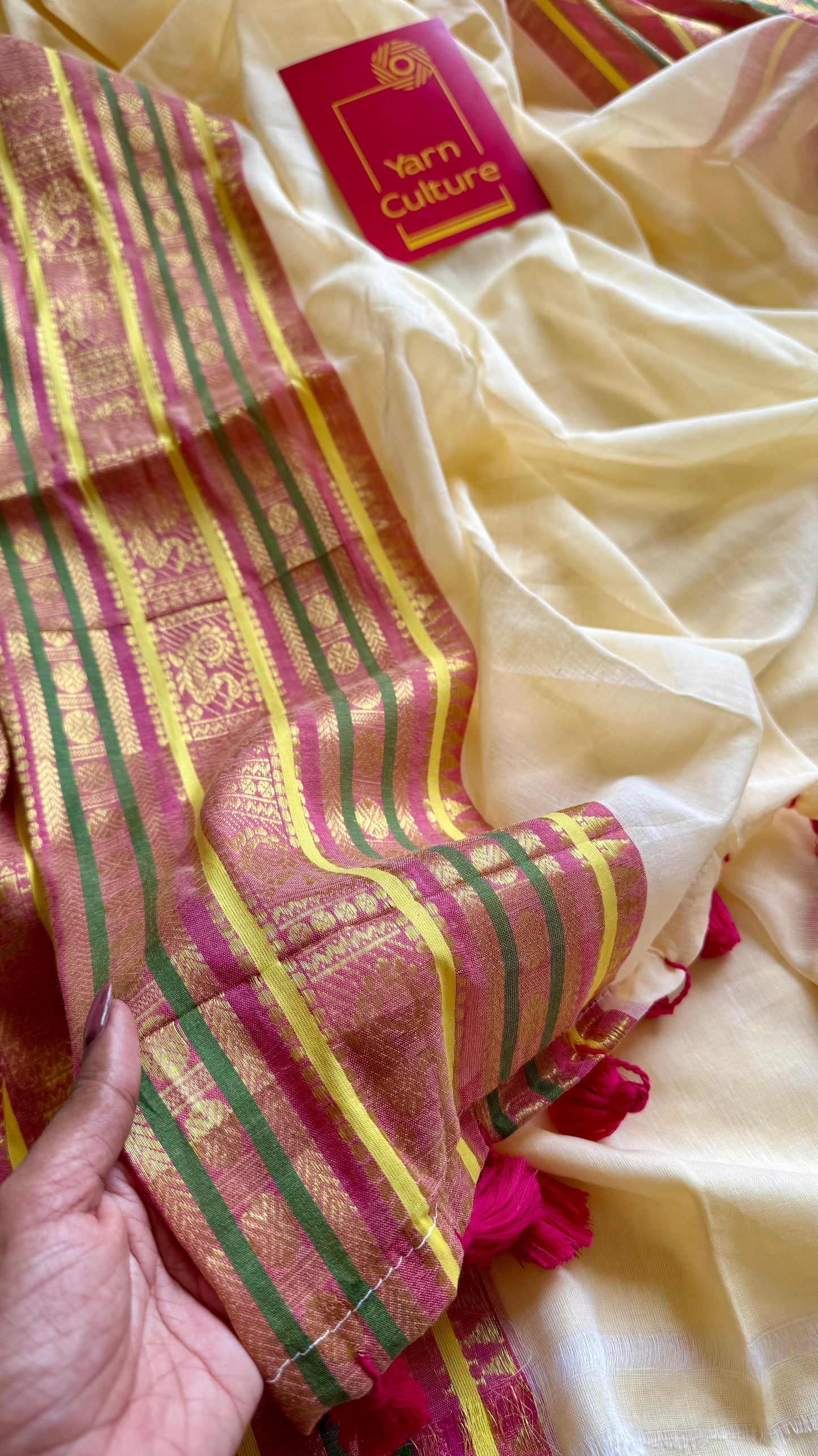 Cream mul saree, multicoloured wide kanchi border - YCIEON12