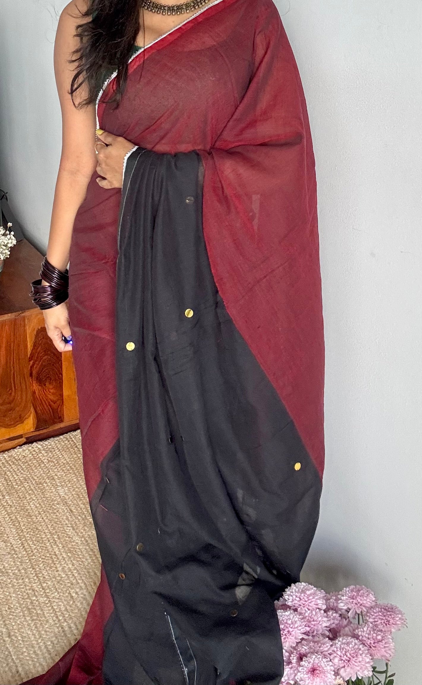 Maroon with black half-half patterned mul with sequins and silver lace border - YCBCMCNO72