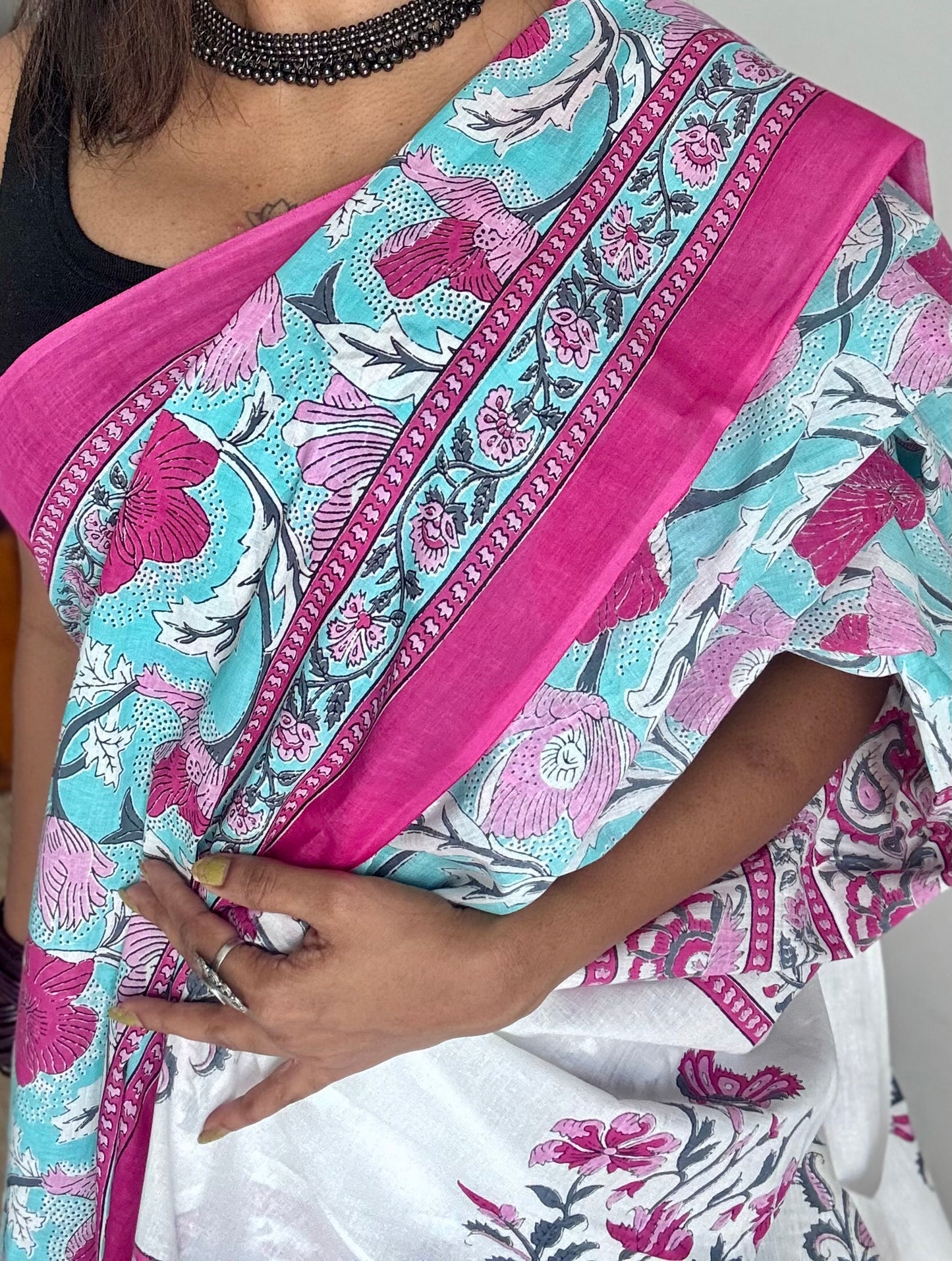 Turquoise floral soft cotton saree - YCTORCMA08