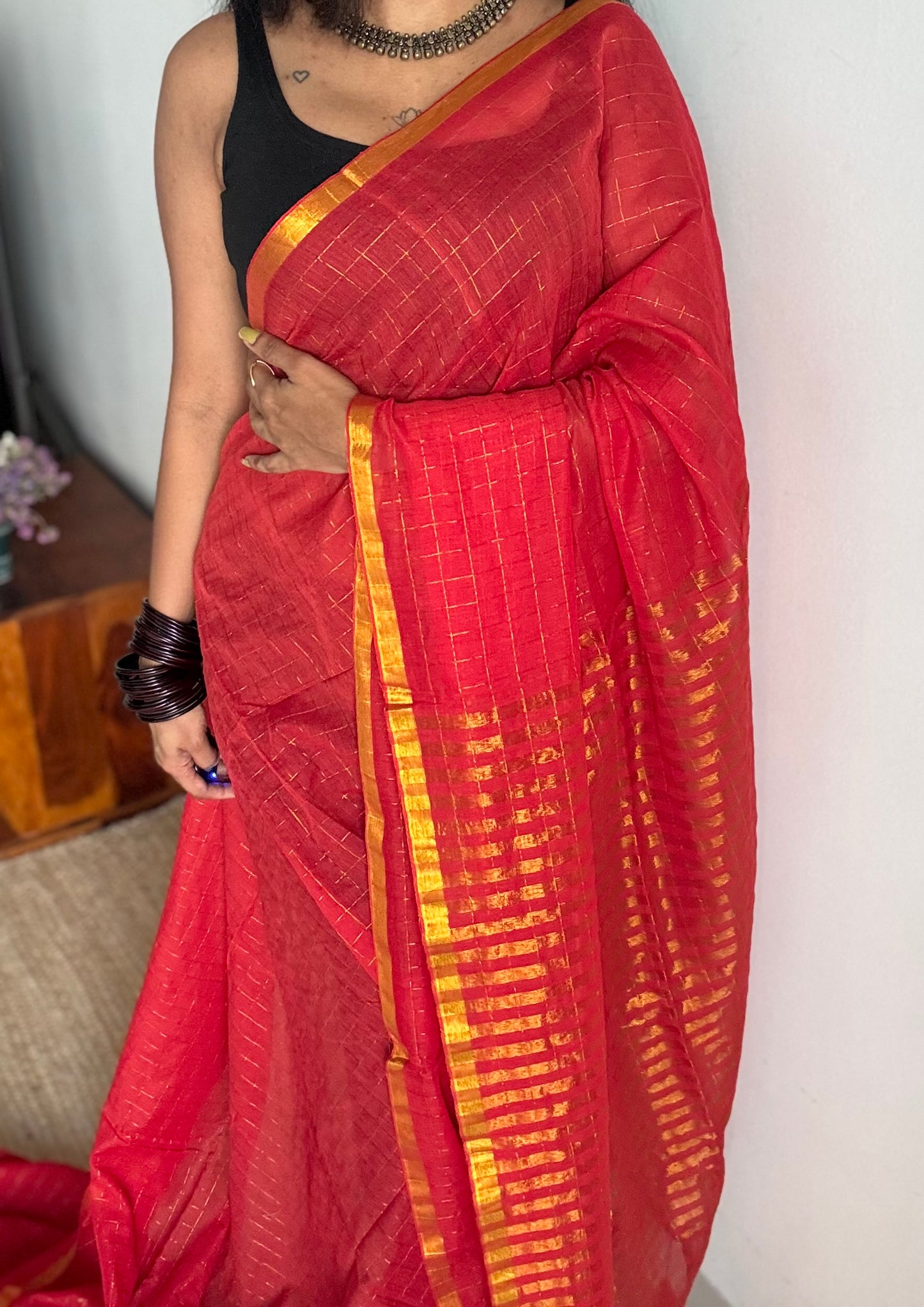 Red mul with gold checks and zari border - YCBCMCJA03