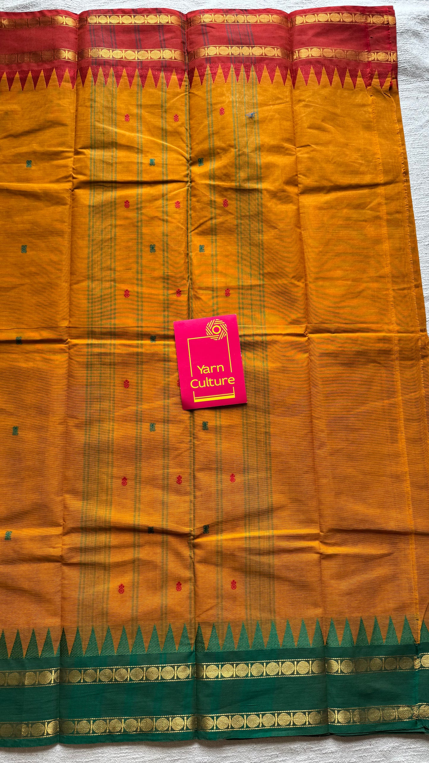 Kanchi cotton saree, orange with red and green dual border - YCCOTNAP100