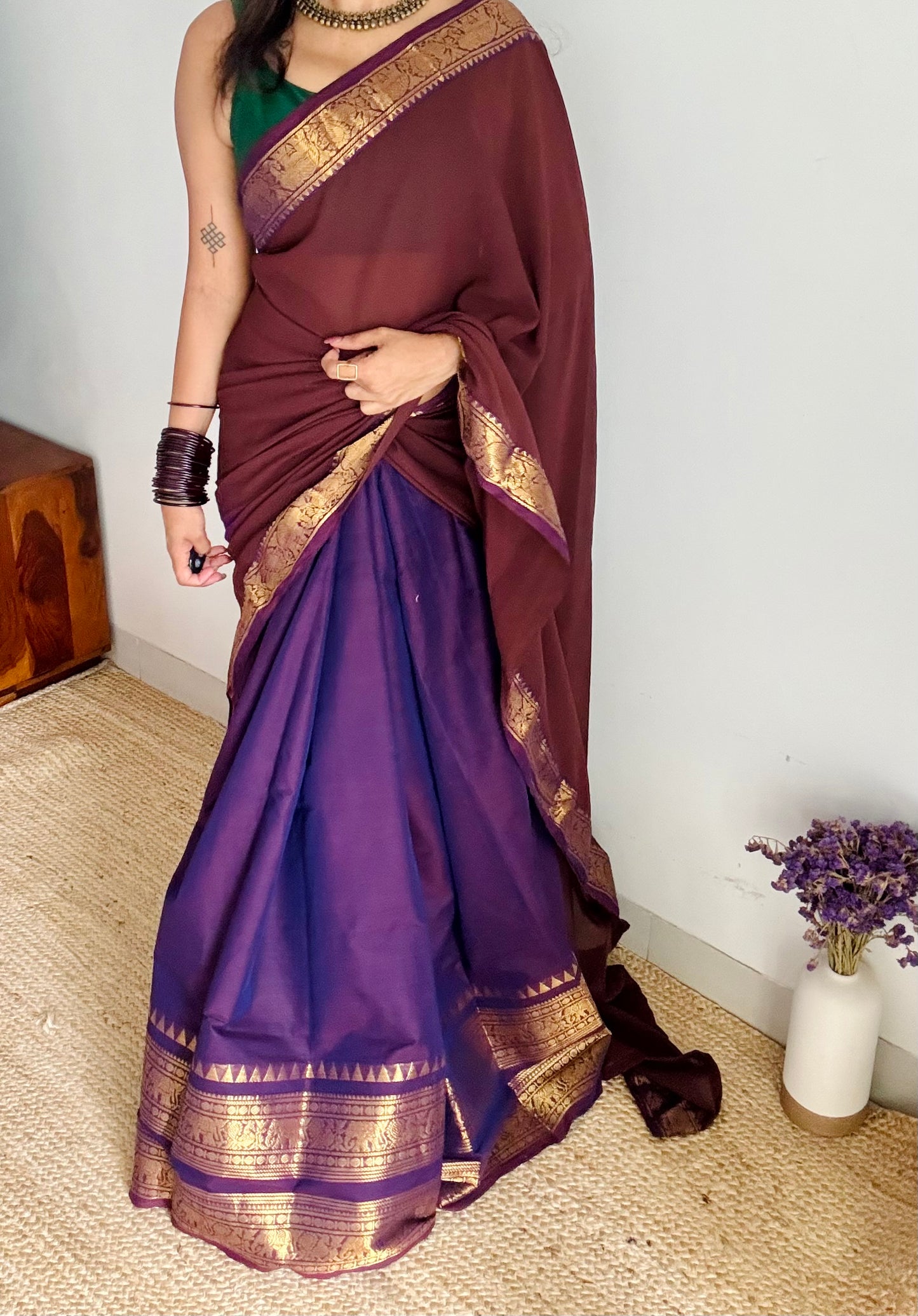 Purple - Brown unstitched half saree material (dhavani), kanchi cotton - YCIEHS207