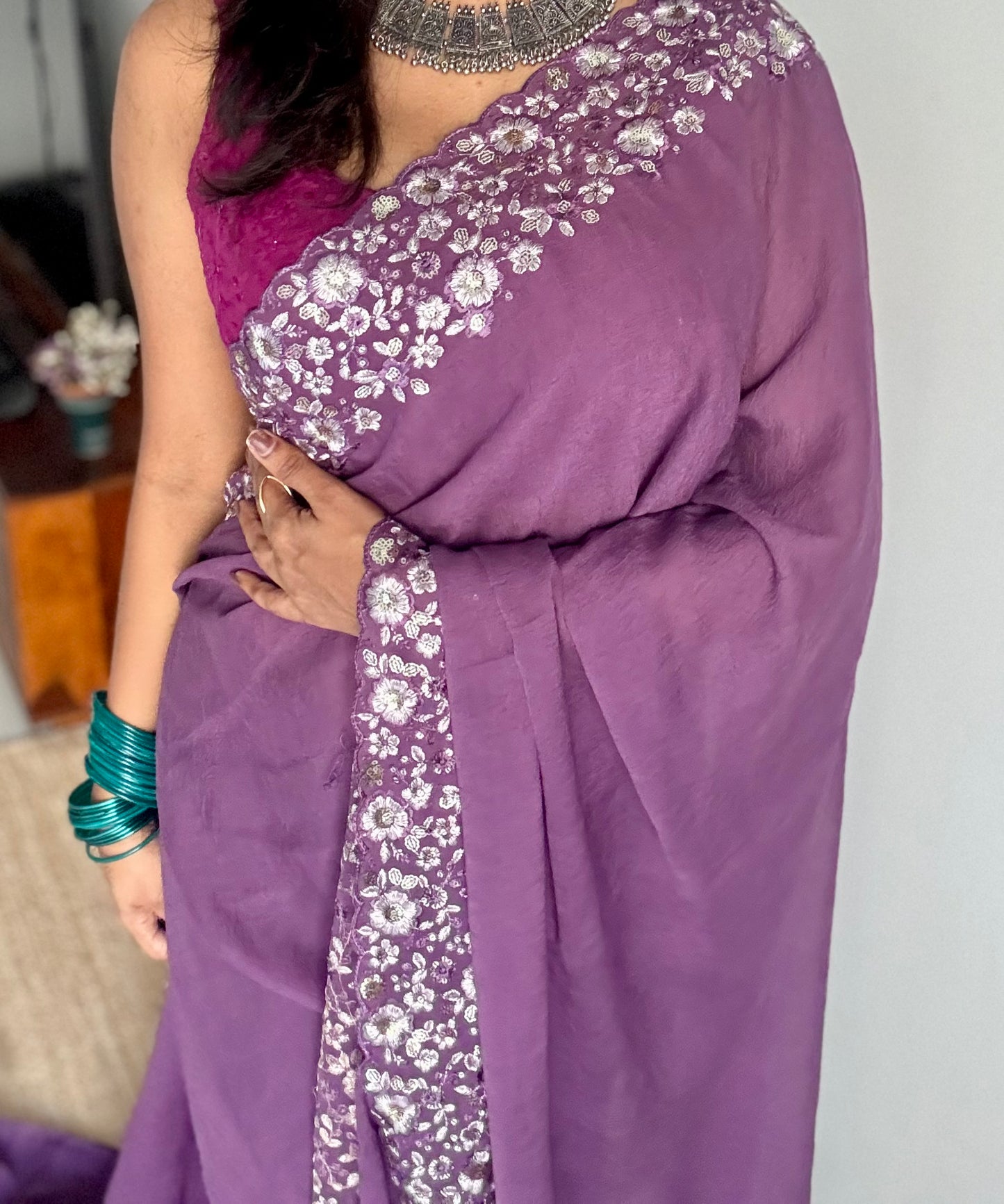 Purple Garden - dark purple with floral sequins embroidered borders, semi-crepe- YCDOSNO47