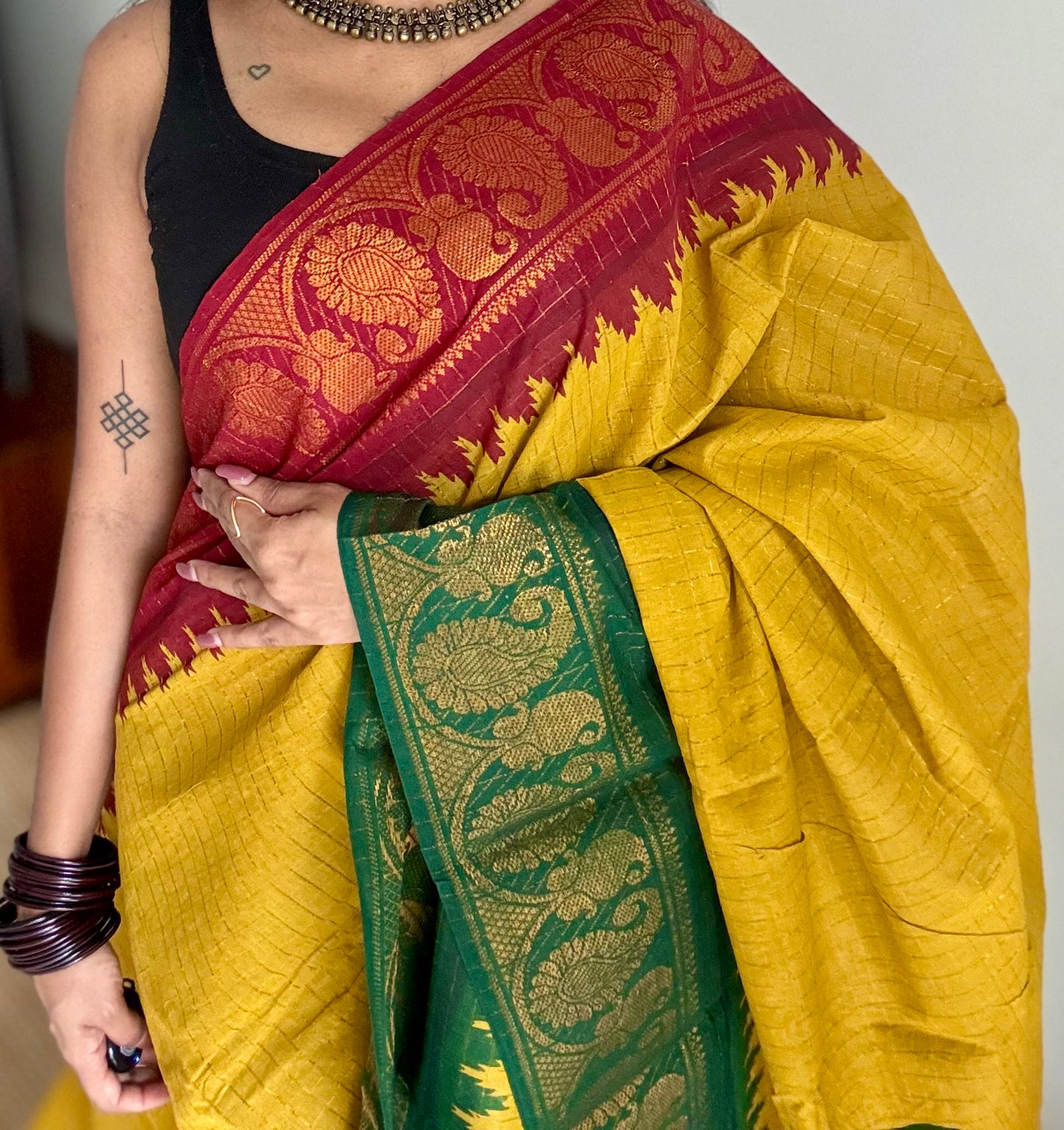 Sungudi cotton checks, mustard yellow base, maroon and dark green dual tone border, soft cotton - YCCOTNMSJUL11