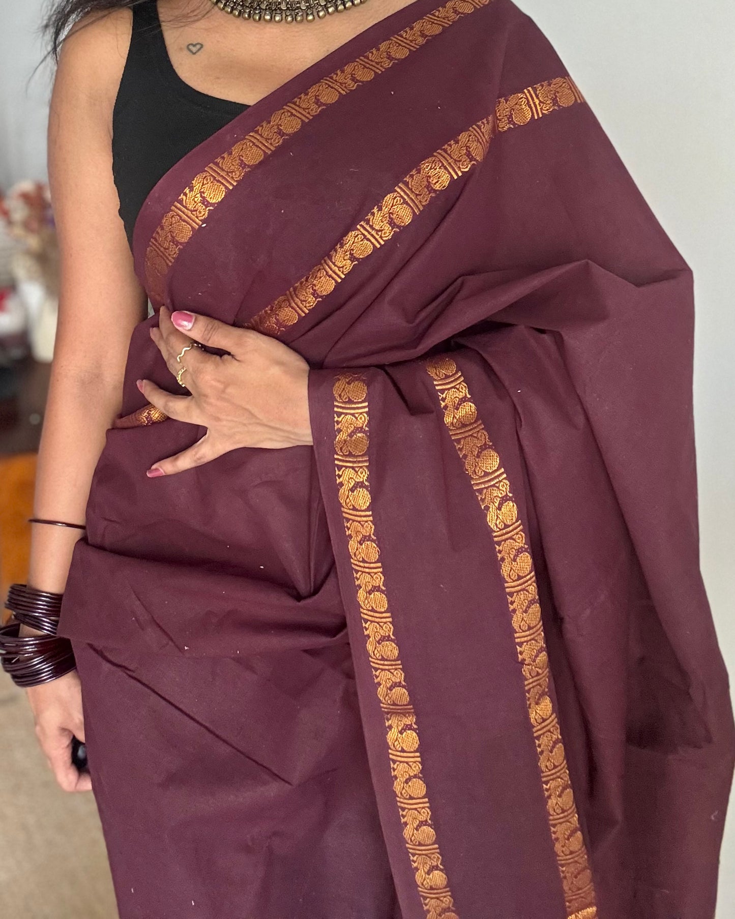 Coffee brown rettaipettu peacock gap border, kattuchayam dyed madurai cotton saree  - YCCOTNMSAP99