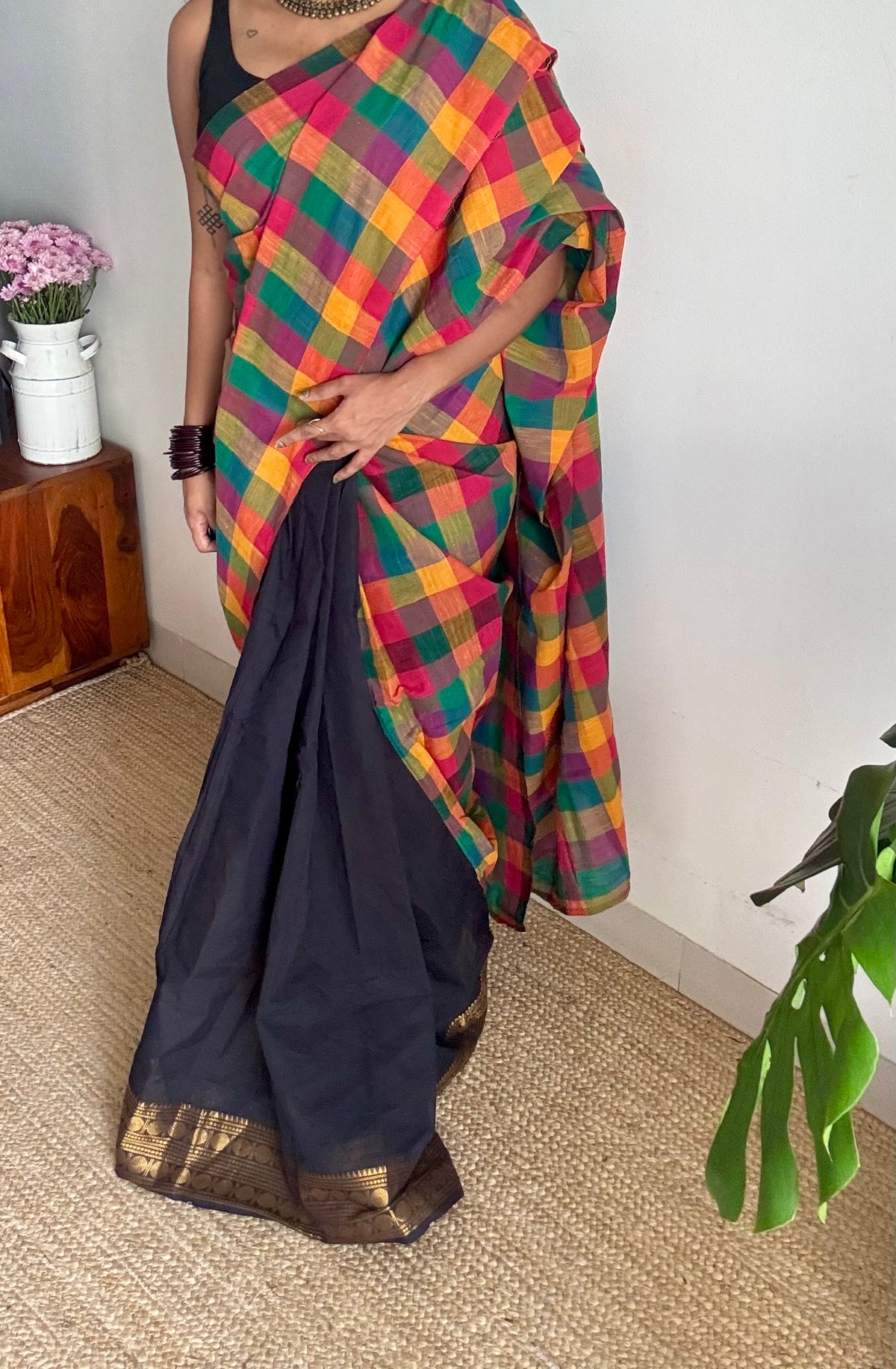 Black chettinad with multicoloured madras checks, cotton half and half saree - YCCOTNIDOC166