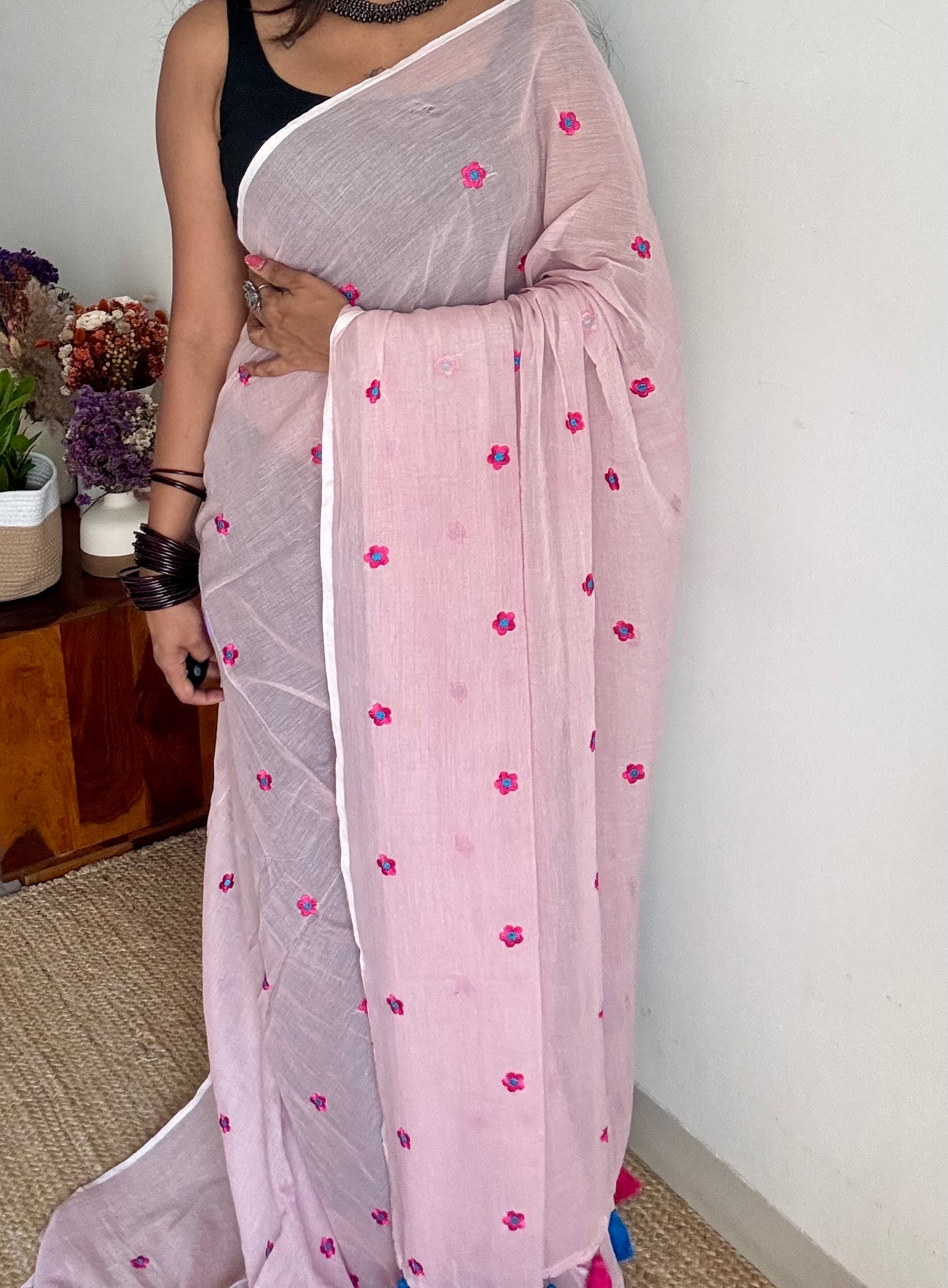 Pink floral embroidered mul cotton saree  - YCBCMCAP45