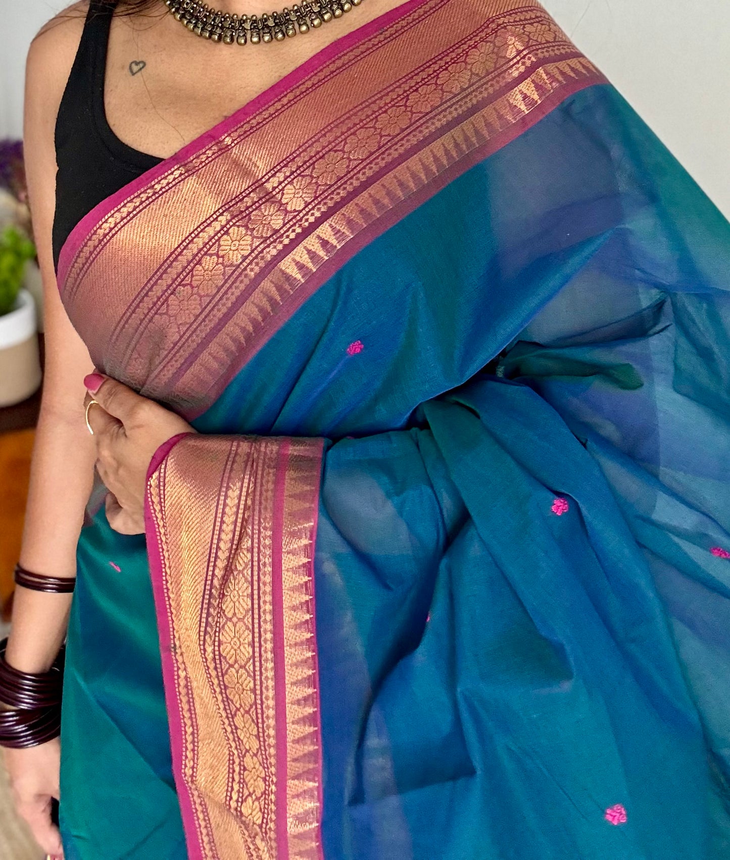 Kanchi cotton saree, peacock blue with dark pink border - YCCOTNAP86