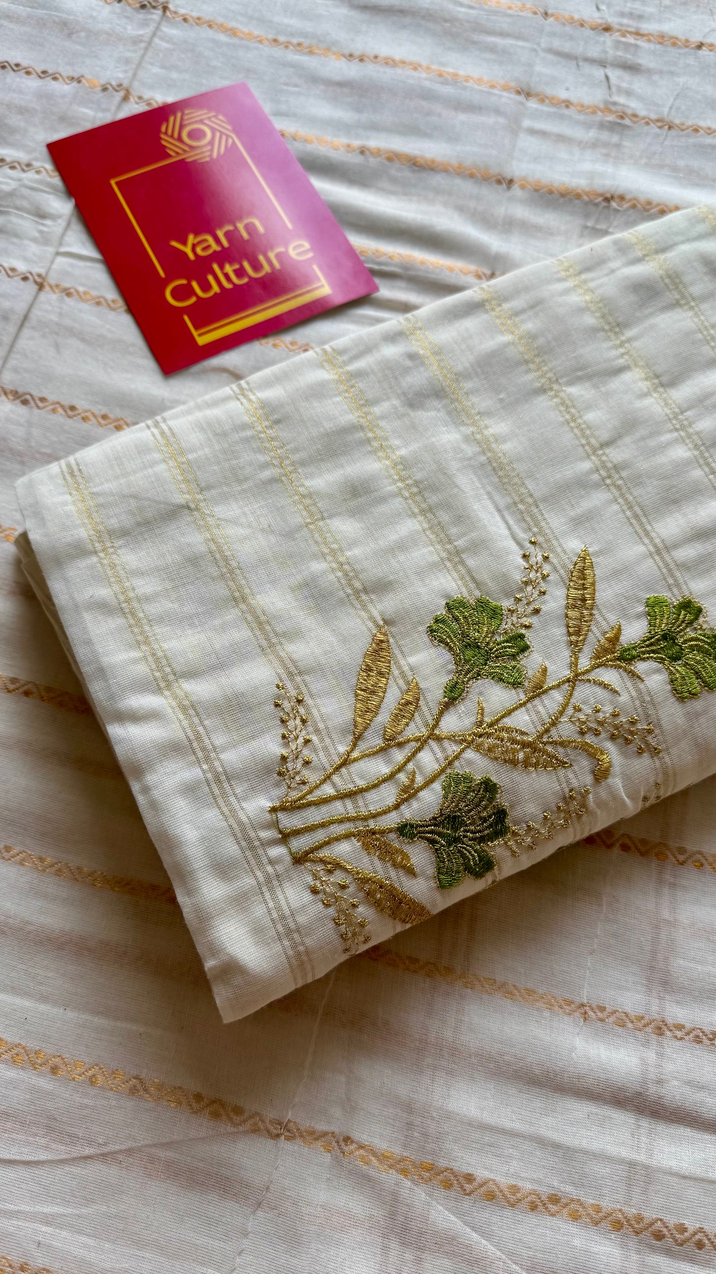 Ivory and gold soft cotton saree, light green floral embroidery  - YCIEON49