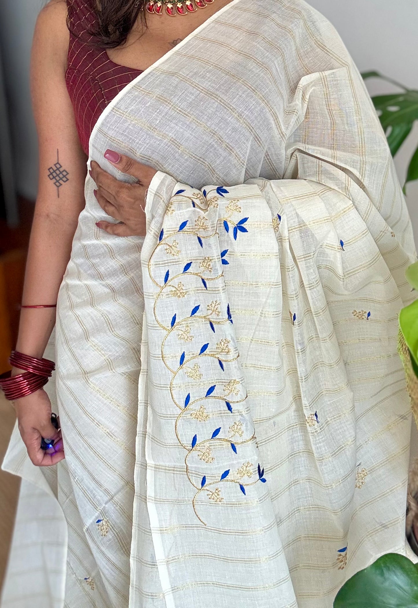 Ivory and gold soft cotton saree, blue floral vine embroidery  - YCIEON55