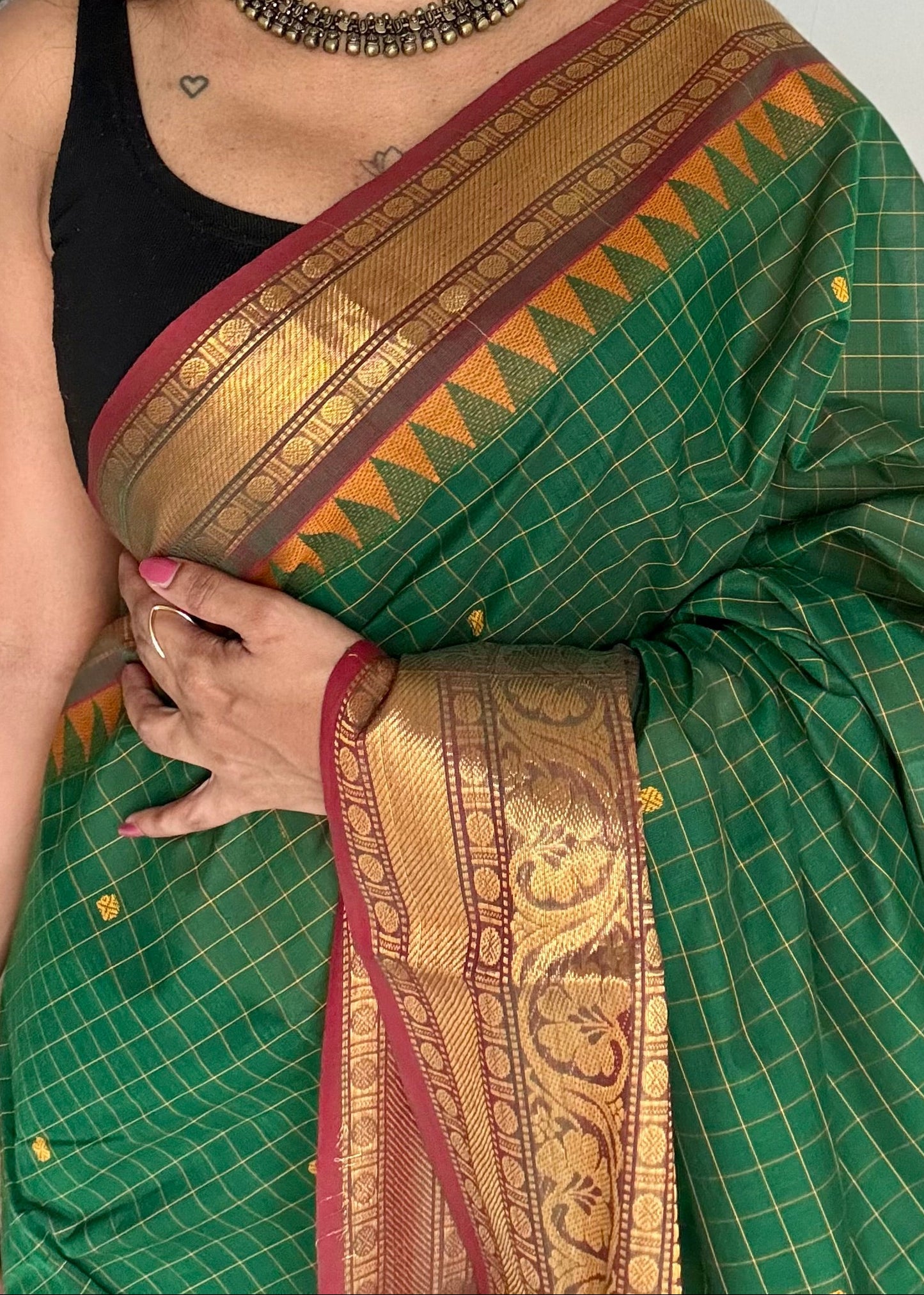 Kanchi cotton saree, green checks with maroon temple motif border - YCCOTNAP78
