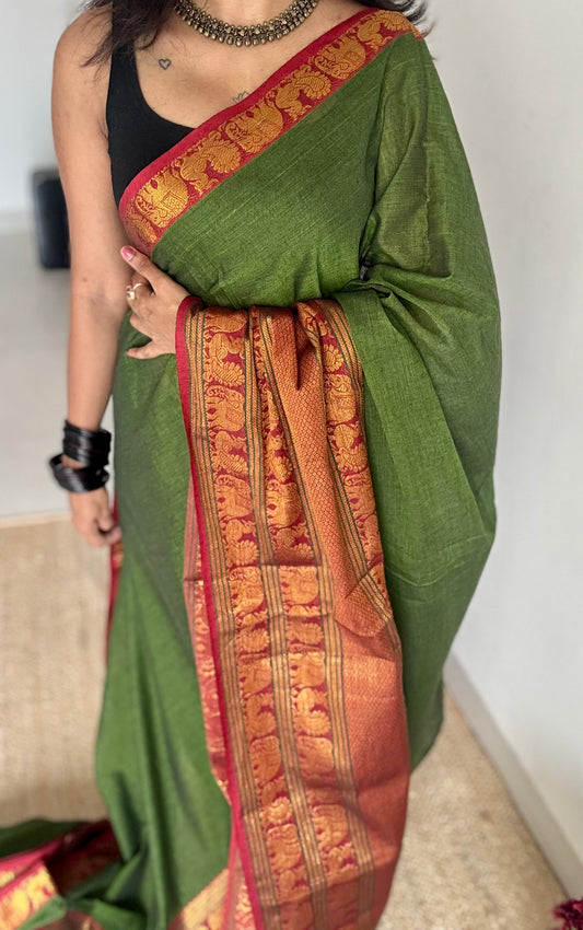 Green with broad zari border, premium narayanpet, soft cotton - YCWOTDFEBB06