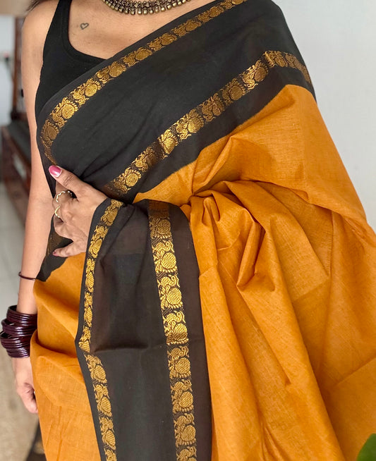 Turmeric yellow and black rettaipettu peacock double border, madurai soft cotton - YCCOTNMSAP197