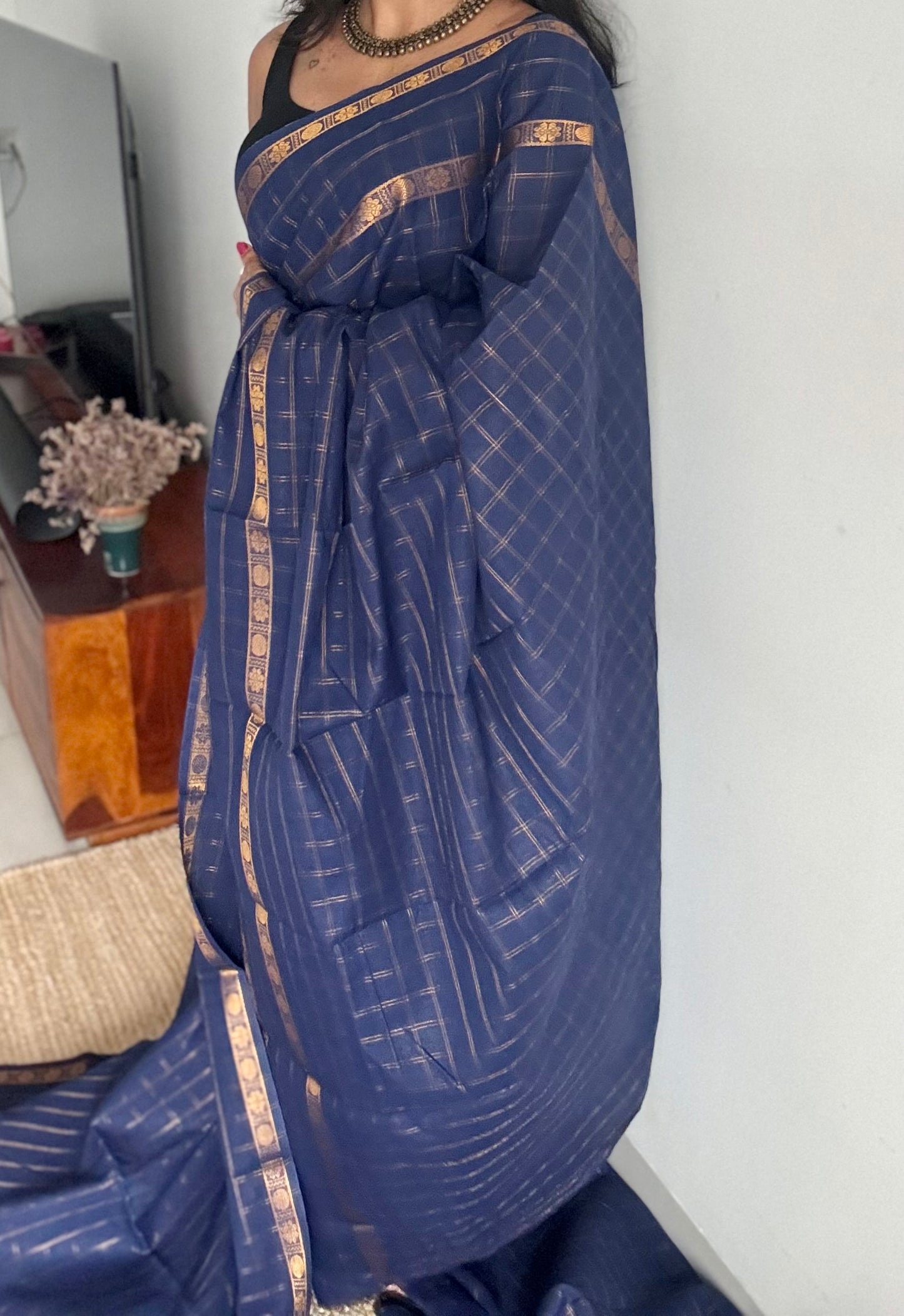 Navy blue adayar gold zari kattam, sungudi cotton - YCCOTNOCSC47