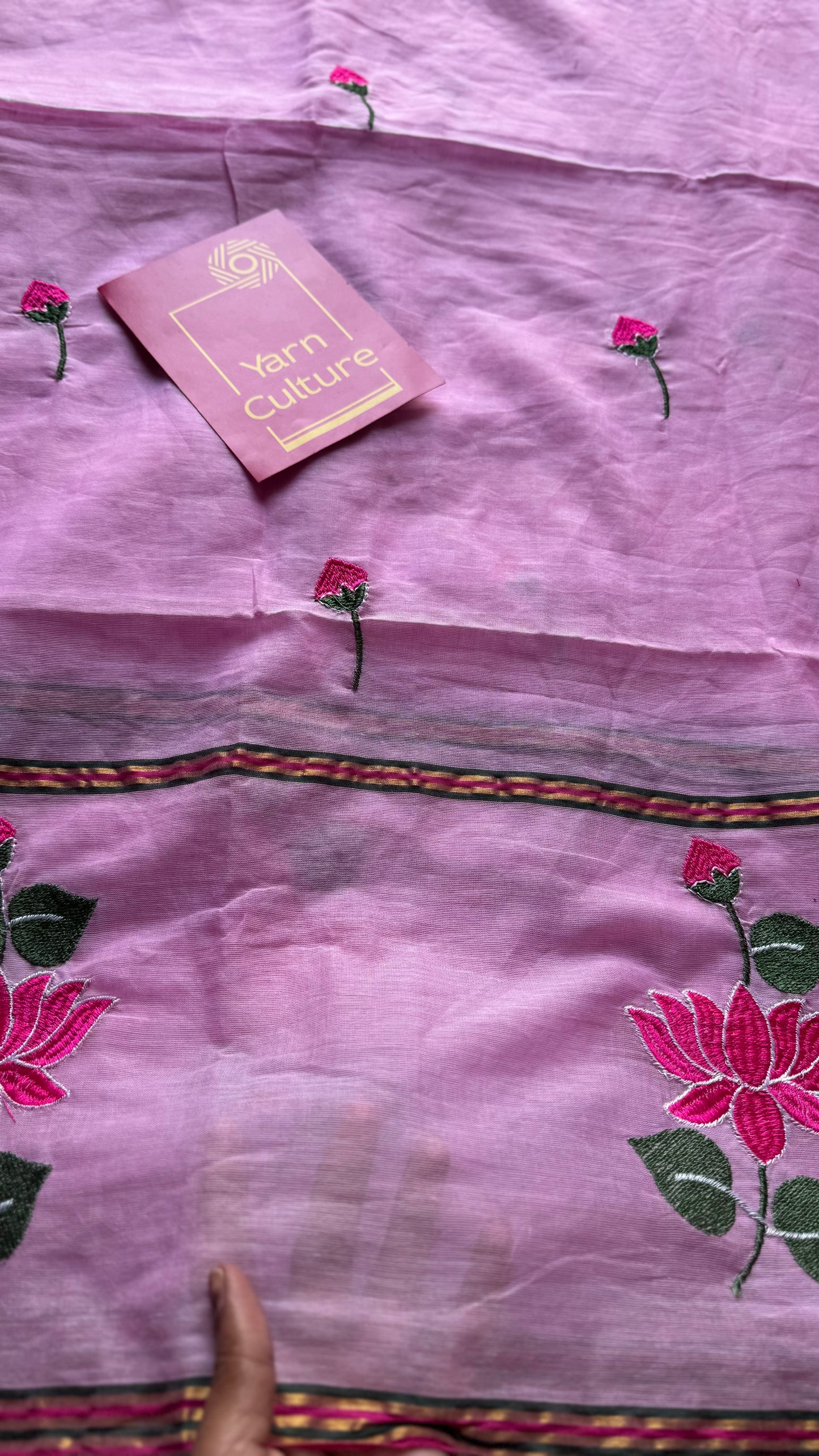 Pink mul with pink lotus embroidery and coloured zari - YCBCMCNO64