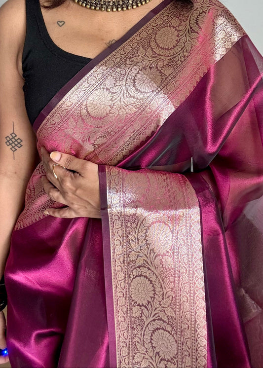 Wine pink tissue Banarasi saree with zari border - YCBLTOC78