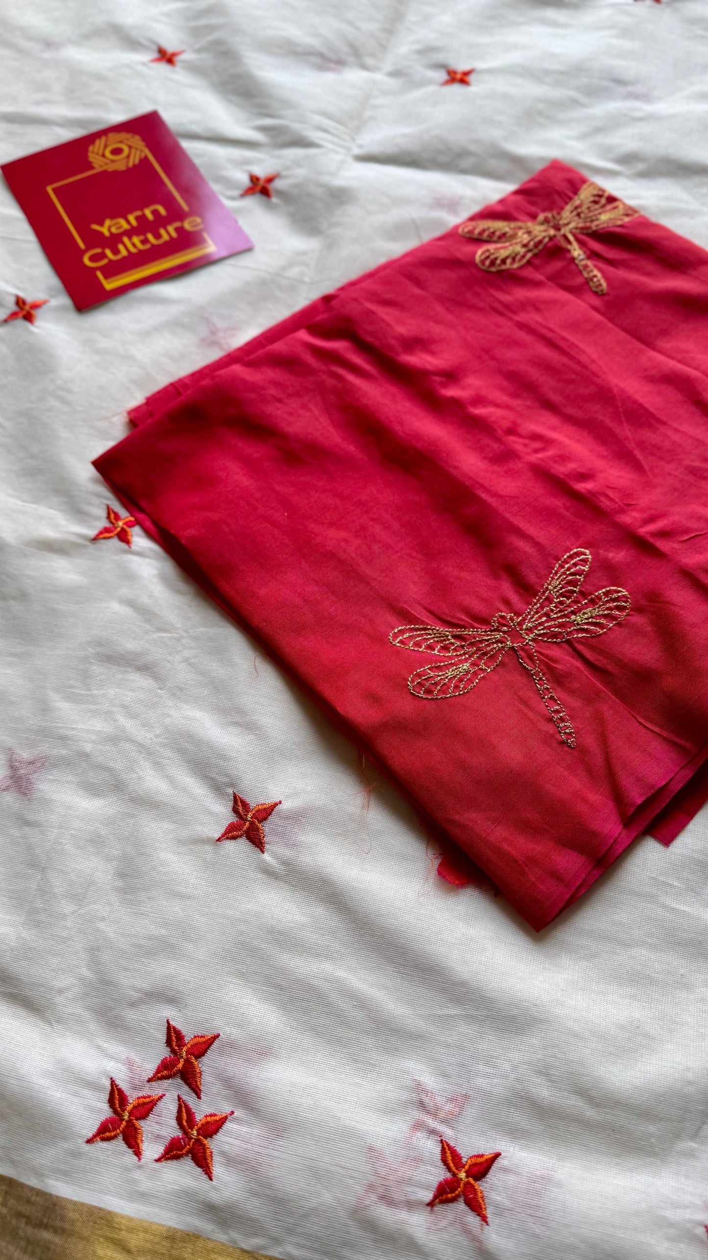 Nandana : Chethi/Thechi - orange red floral embroidery, ivory & gold, soft cotton - YCIEON165