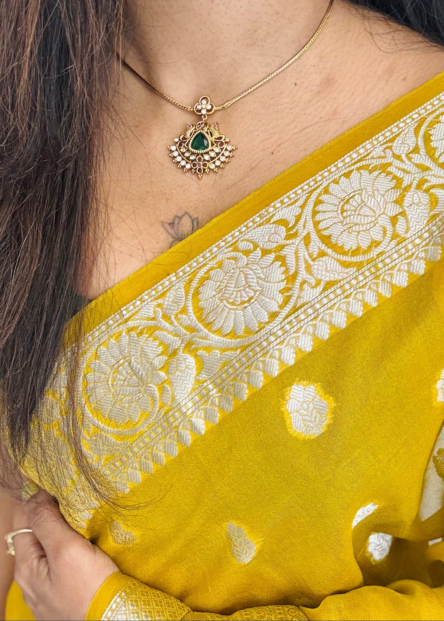 Green, white, ruby stone pendant neckpiece, with earrings - YCGPNP674