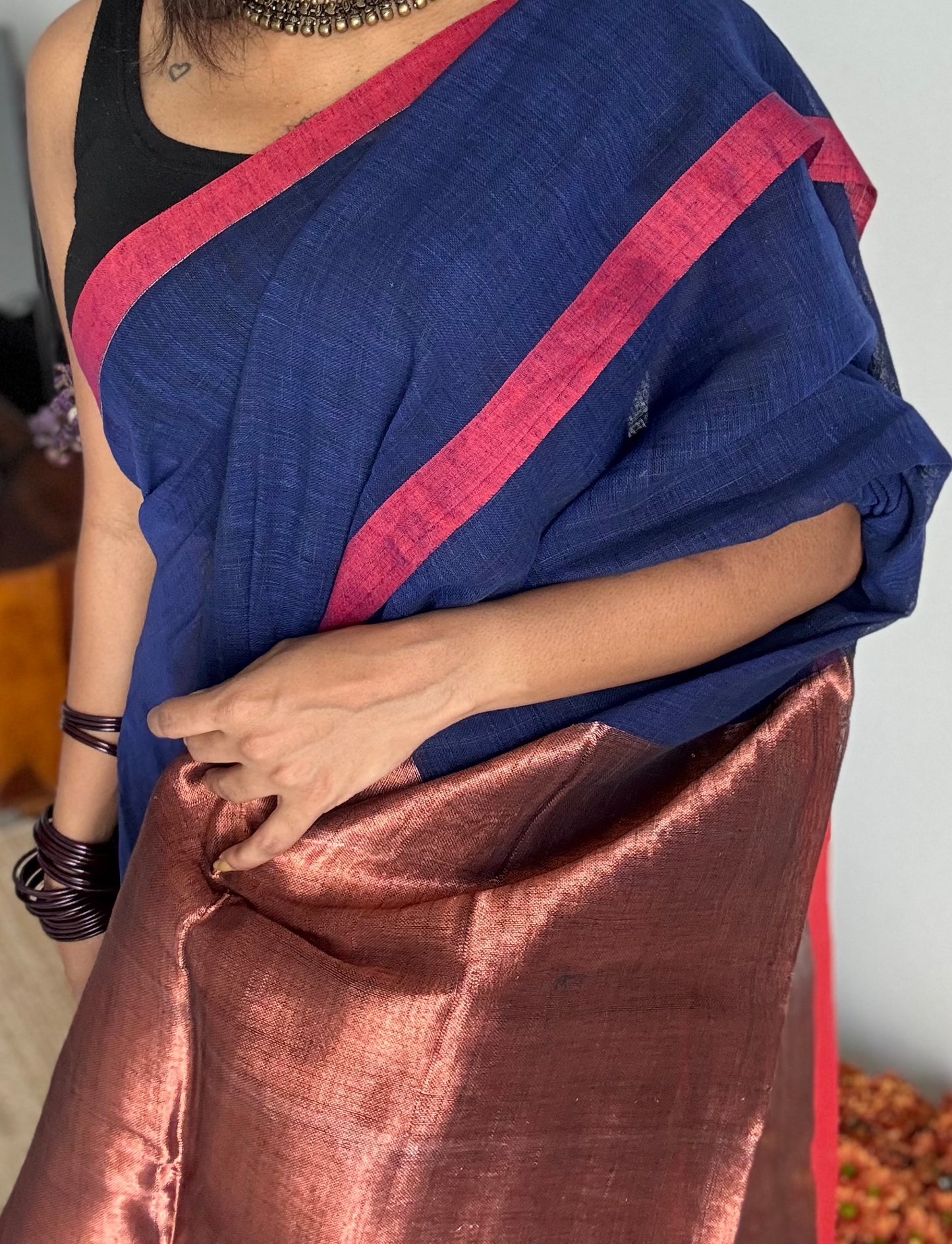 Dark blue plain linen by cotton saree with copper zari pallu - YCBCLCFE395