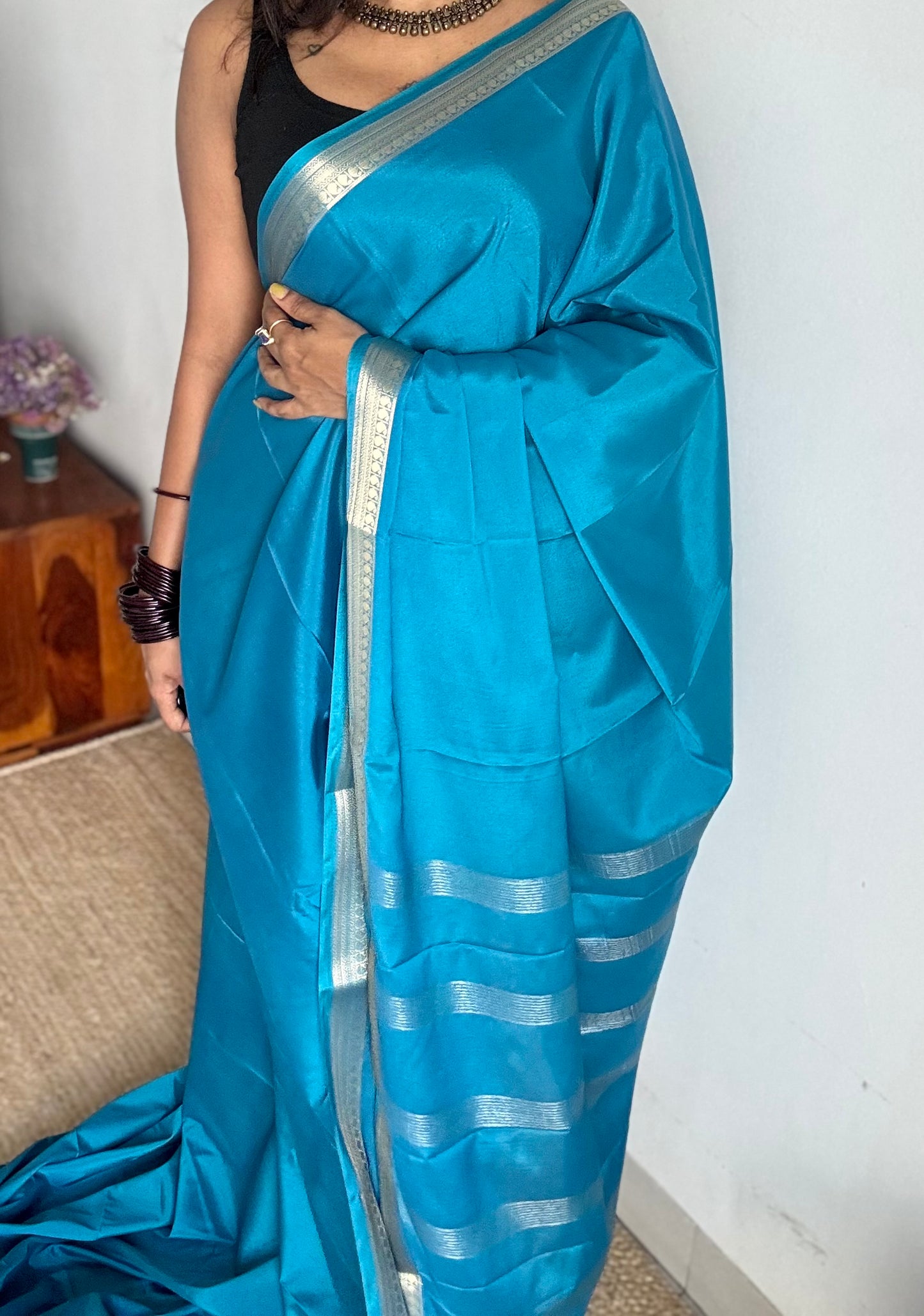 Aqua blue Mysore semi crepe silk saree - YCLOKFE237