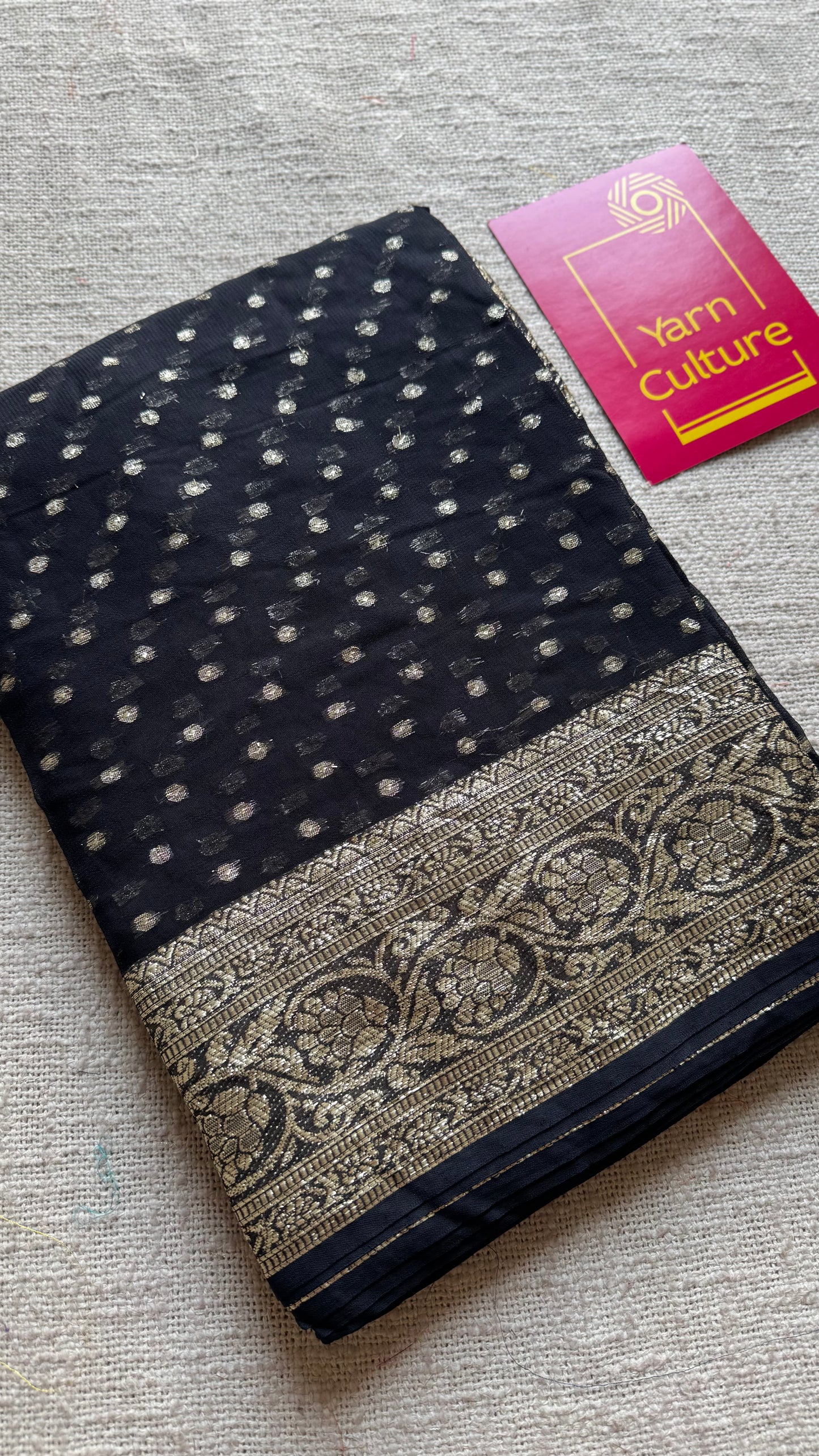 Black viscose georgette saree with zari motifs - YCDOSFE206