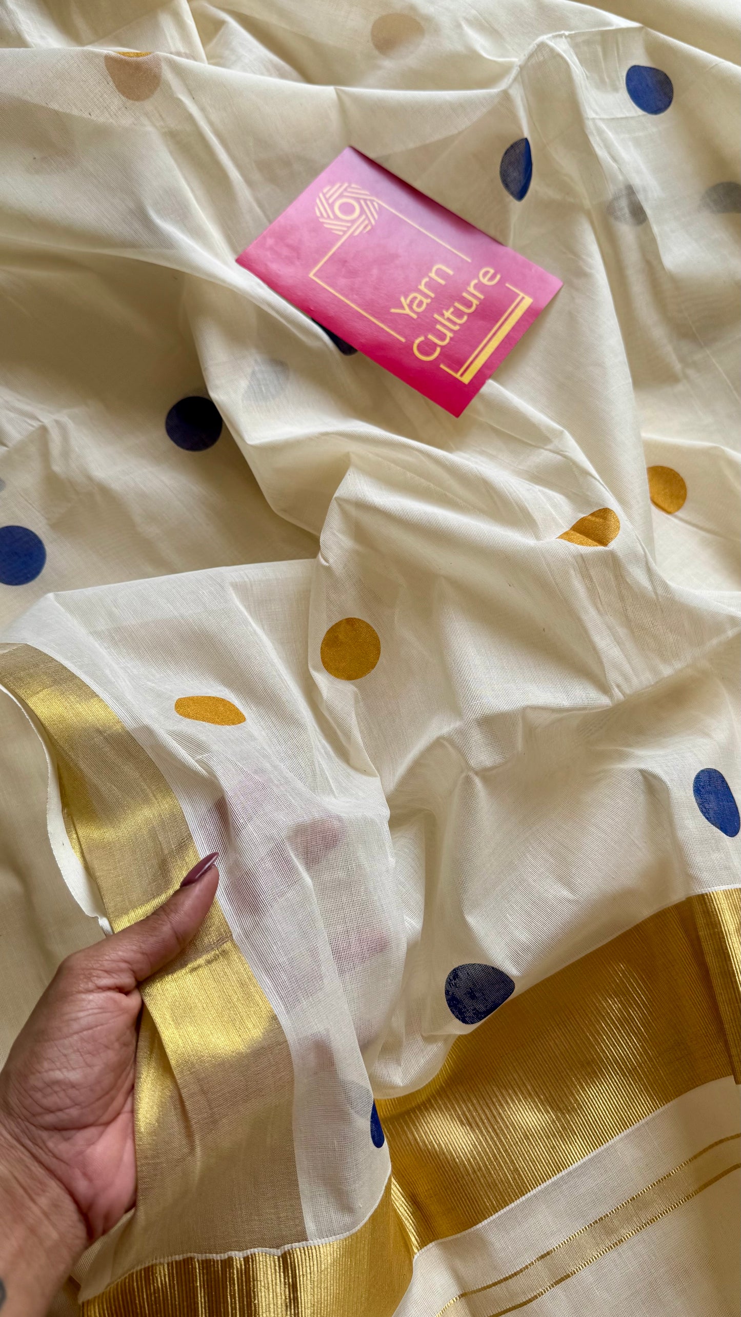 Ivory and gold soft cotton kasavu saree, navy blue and yellow polka - YCIEON73