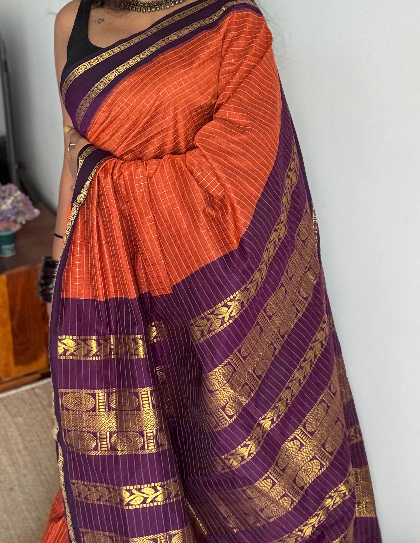 Orange with wine contrast arani checkered saree, cotton silk - YCCOTNKCFE68