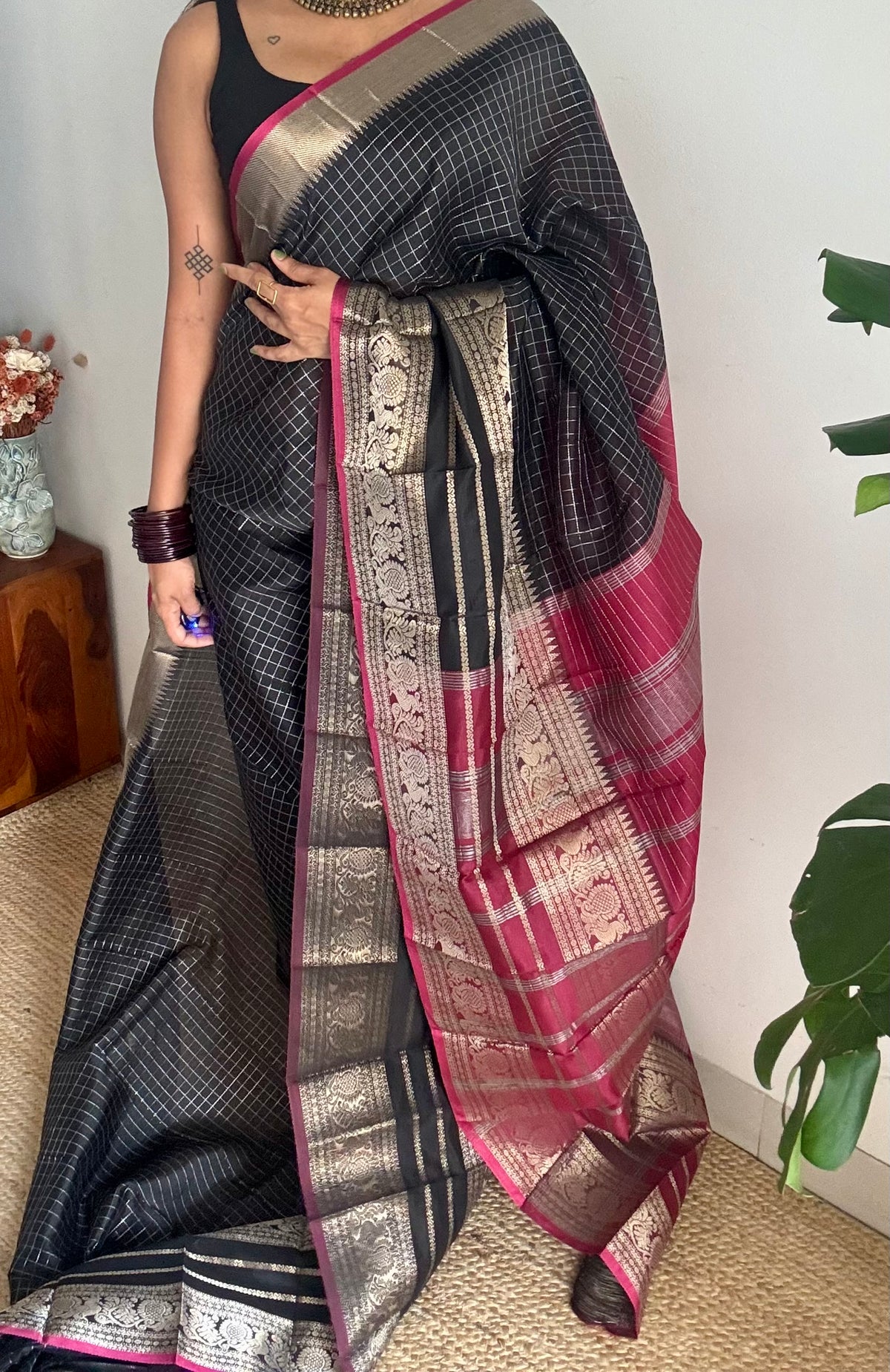 Black with dark pink silver zari checks, silver and gold peacock woven zari border, mangalgiri silk cotton, handwoven, soft, light weight - YCWOTDMSCOC123