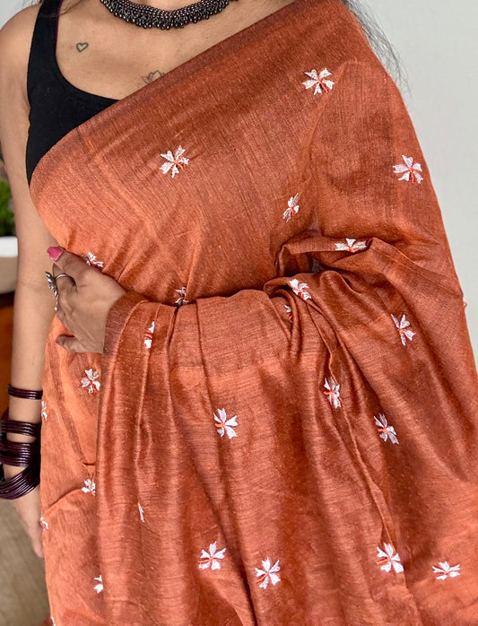 Rust orange parijat soft cotton saree  - YCBCKCAP38