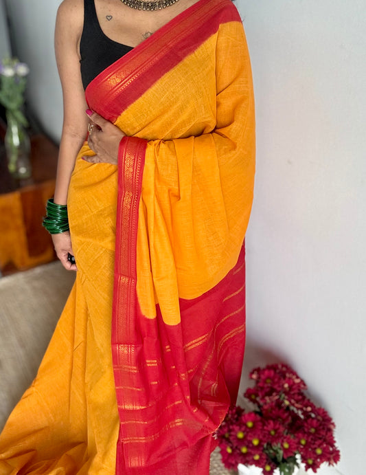 Yellow with red border sungudi, kattuchayam dyed, madurai cotton - YCCOTNSEMS100