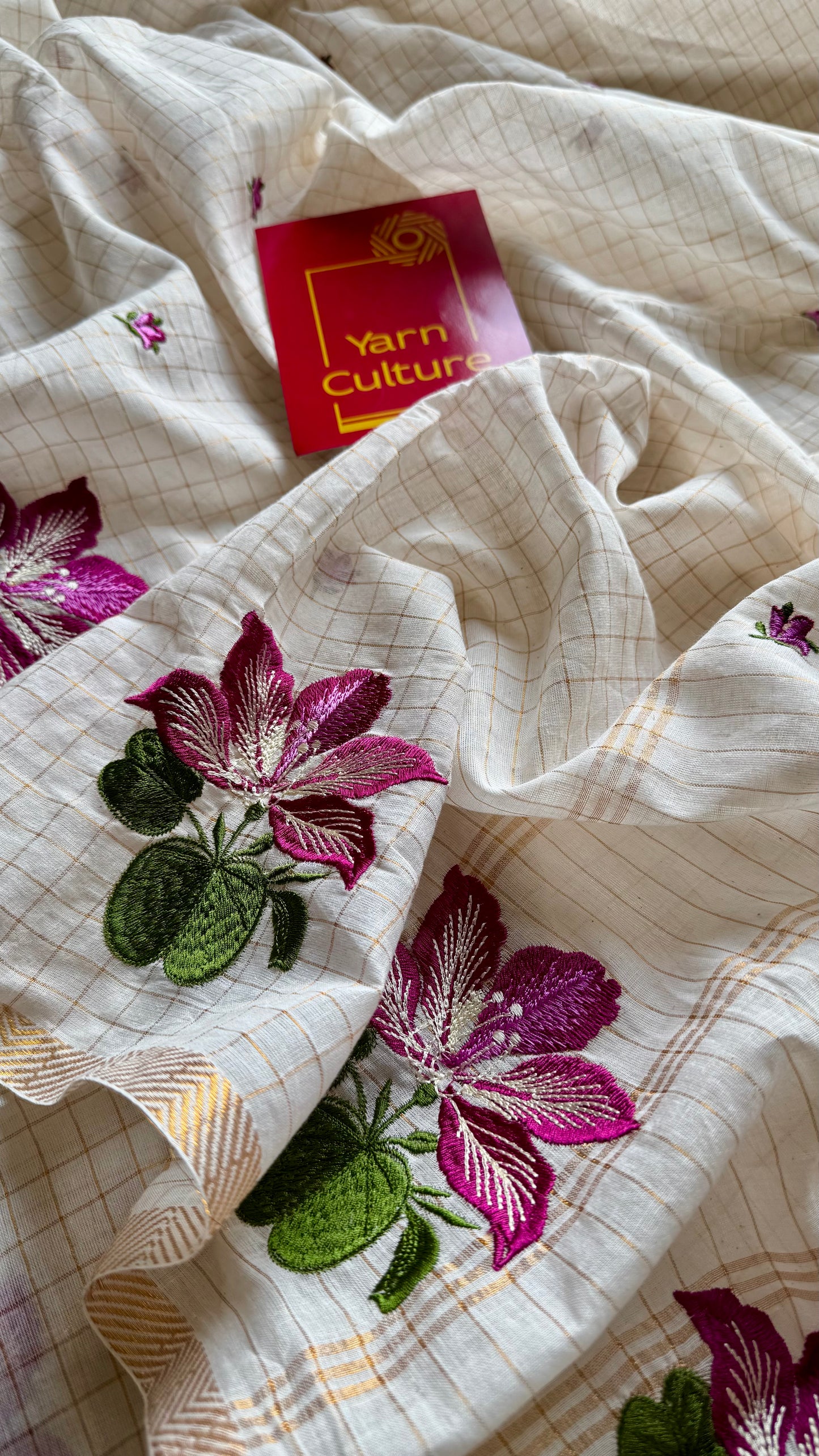 Sruthi : Mandaram - purple pink floral embroidery, ivory & gold, soft cotton in mini checks - YCIEON166