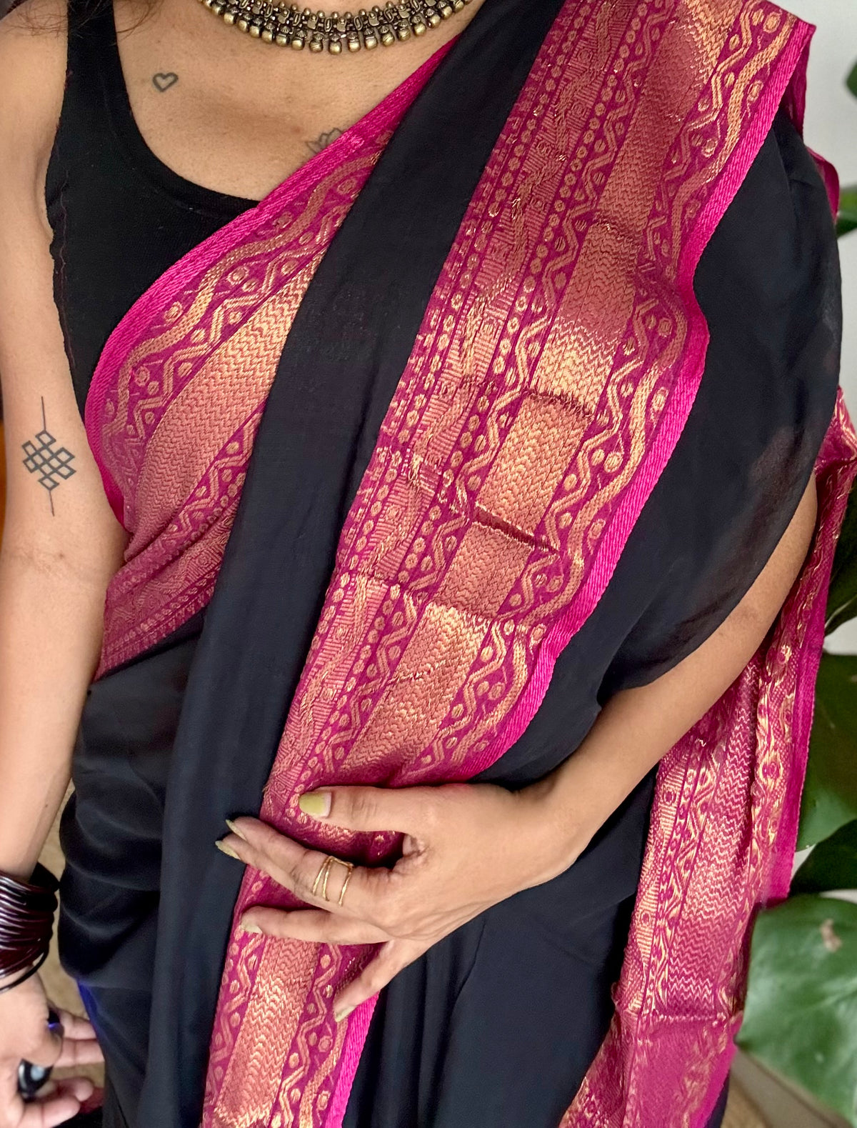 Black mul cotton saree with magenta kanchi inspired zari border - YCBCMCSE28