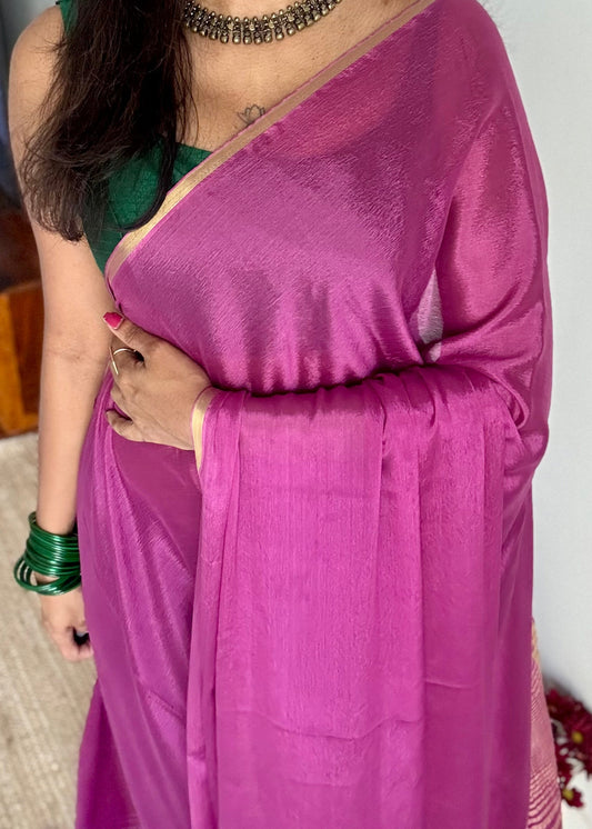 Dusty pink chiffon with thin gold zari border  - YCDESE22