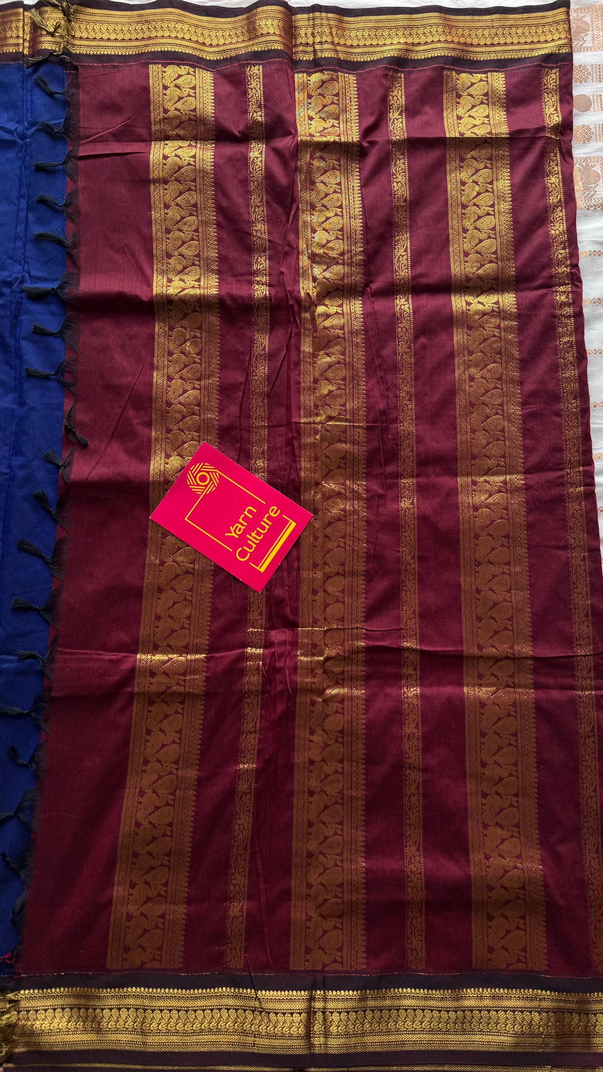 Royal blue with brown, cotton silk saree with zari border - YCCOTNKCOC106