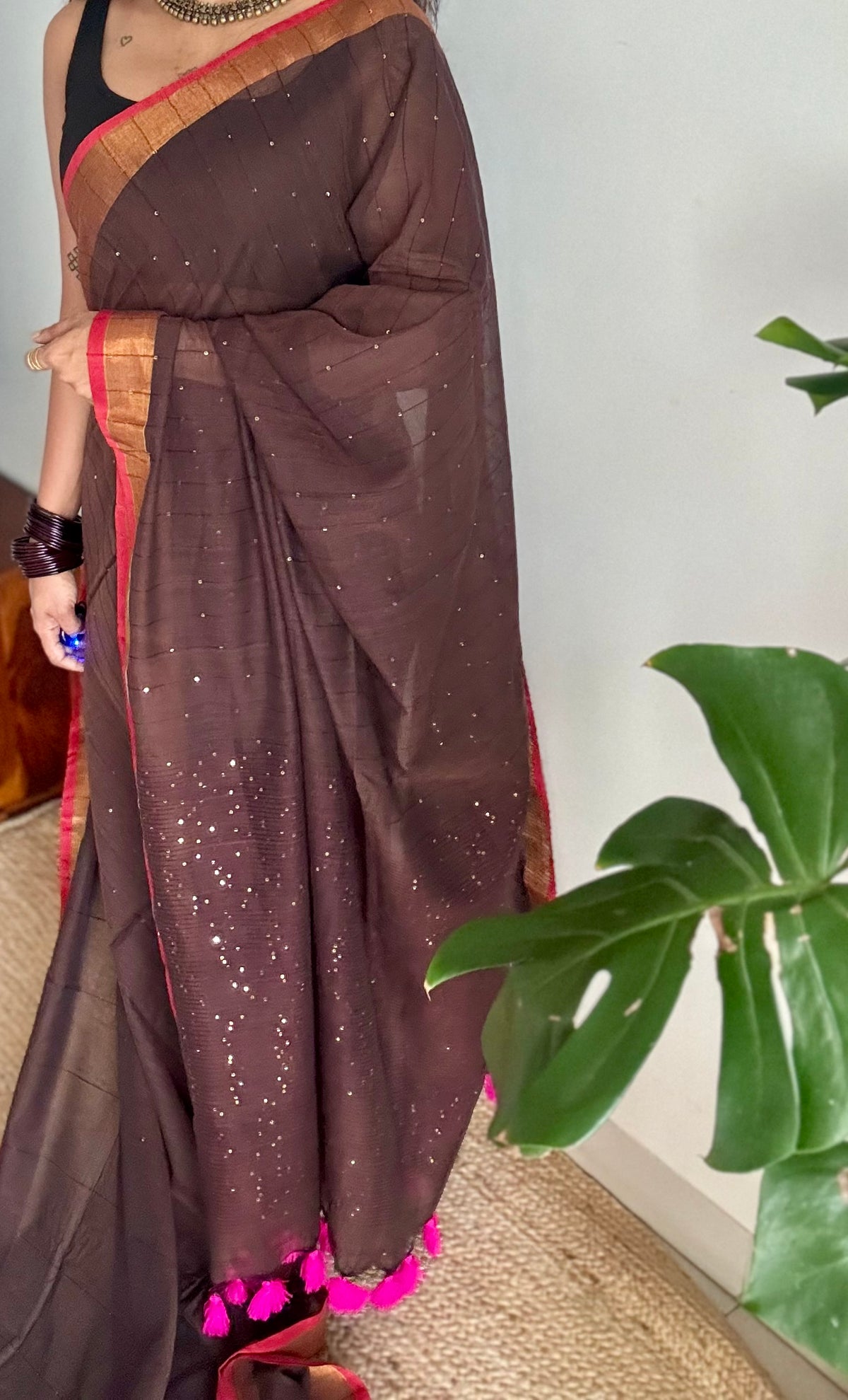 Brown mul cotton saree with sequins and zari border - YCBCMCSE33