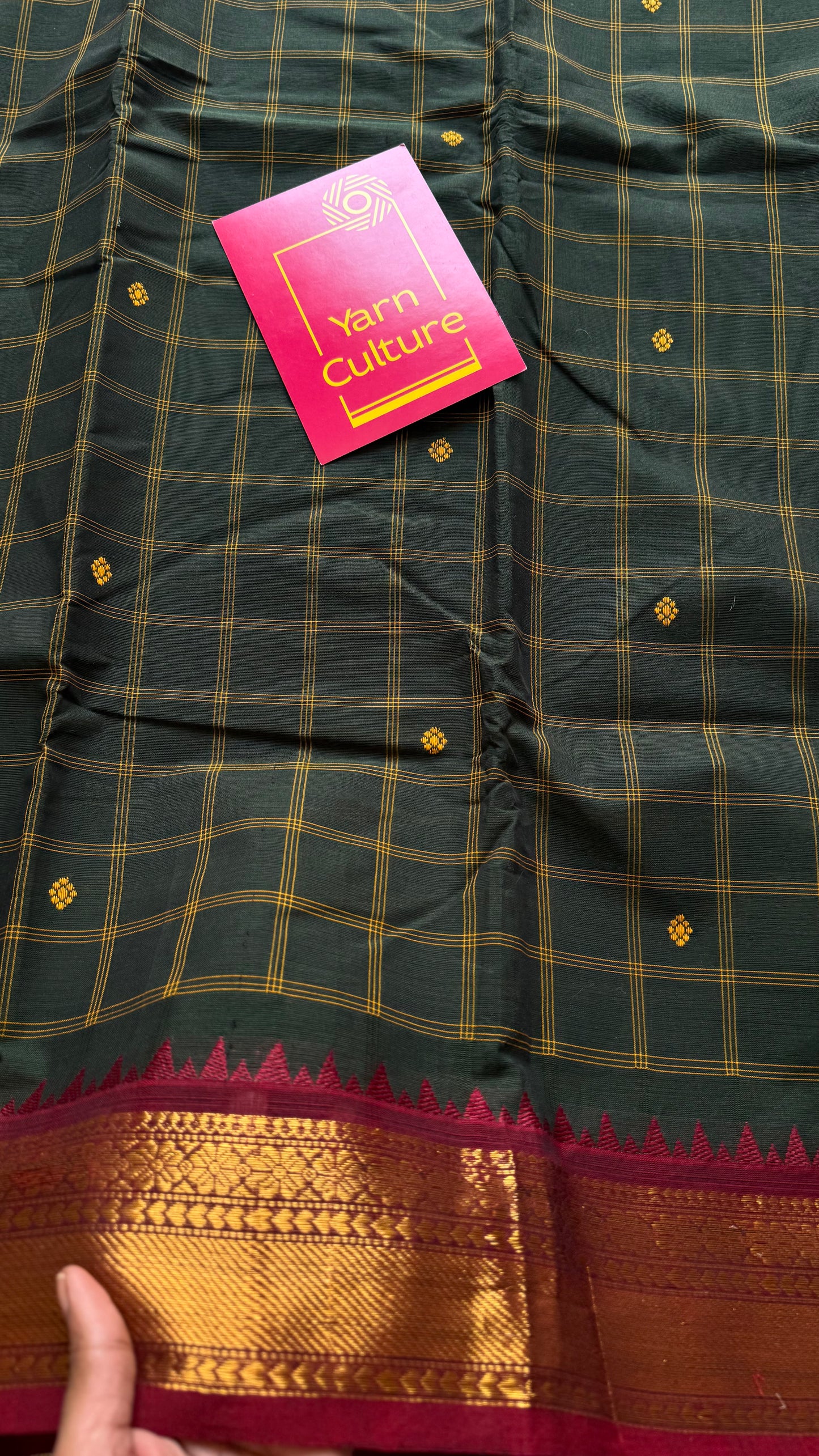 Dark green Kanchi cotton saree with striped checks, woven buttas and maroon zari border - YCCOTNCCFE159