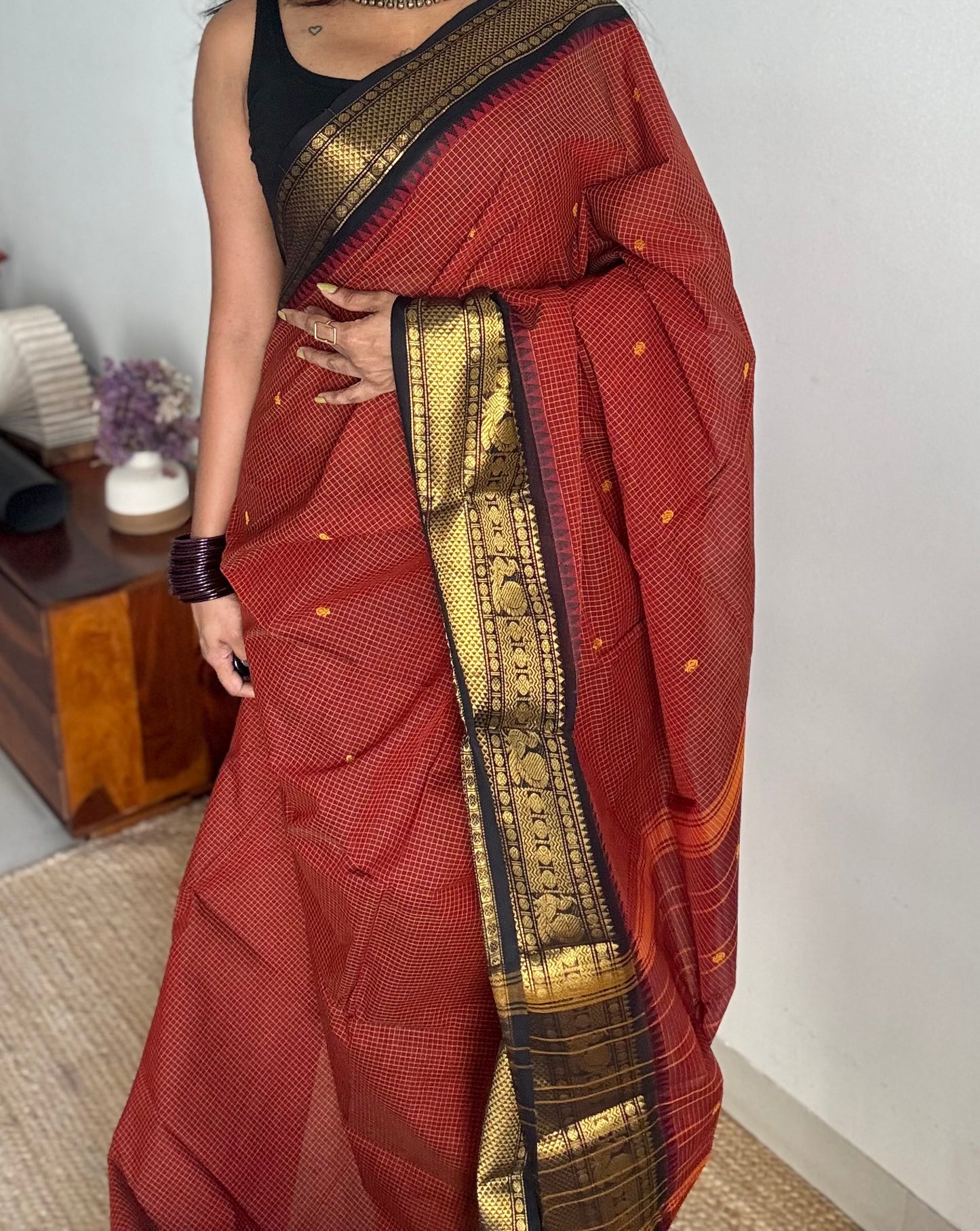 Brick red with black contrast, checkered kanchi cotton saree - YCCOTNJU20