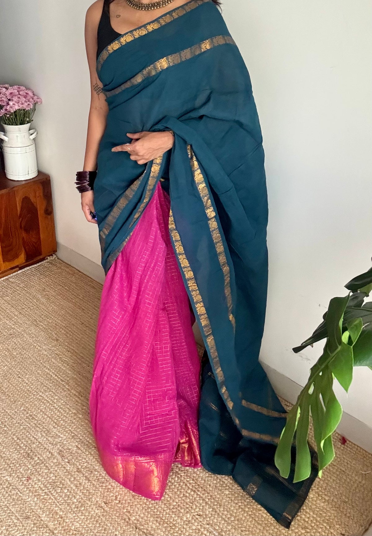Teal with magenta, sungudi cotton half and half saree - YCCOTNIDOC156