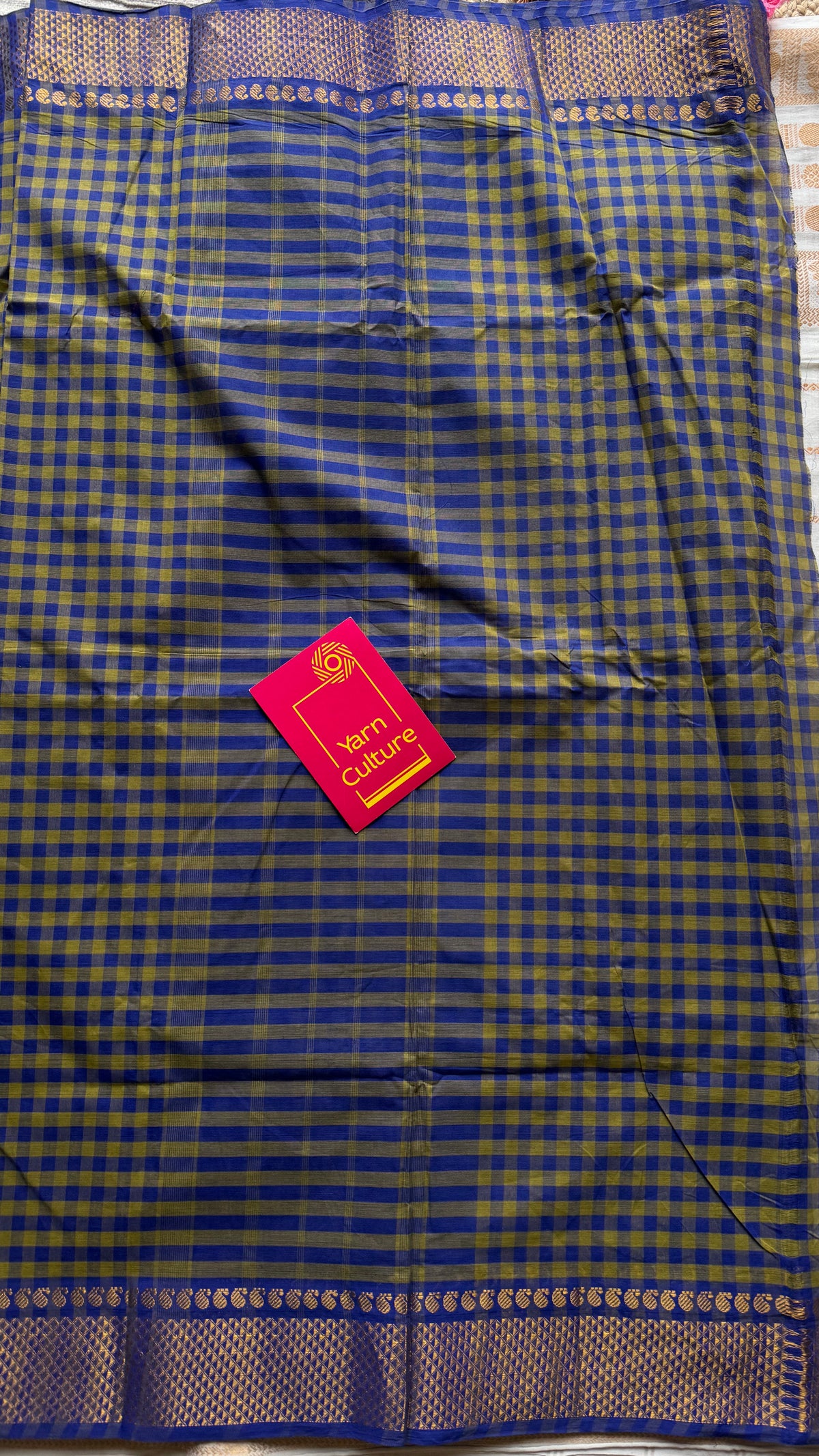 Chettinad cotton saree with green and blue checks, zari motif border - YCCOTNCKSE46