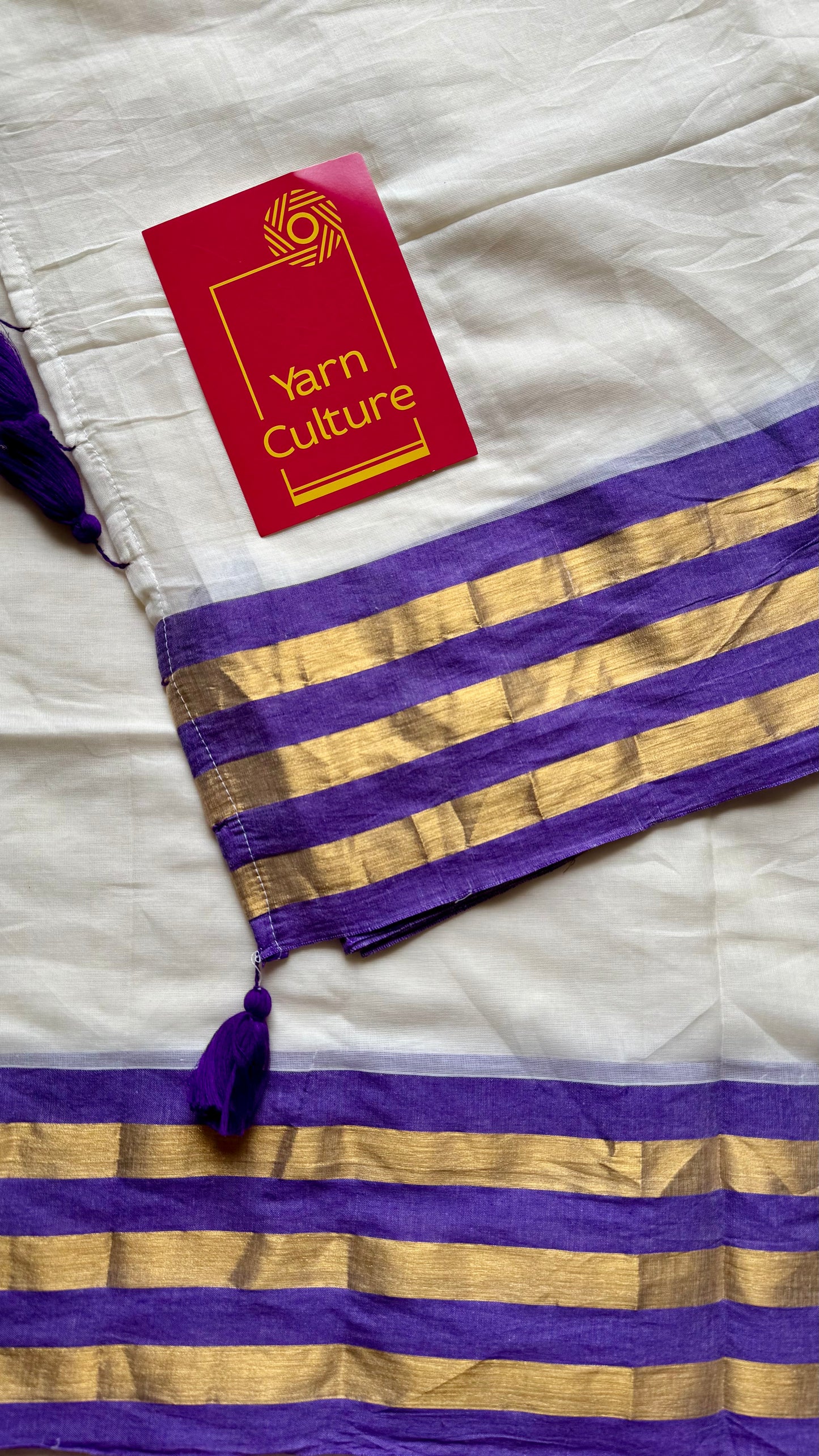 Ivory mul saree, purple striped border - YCIEON40